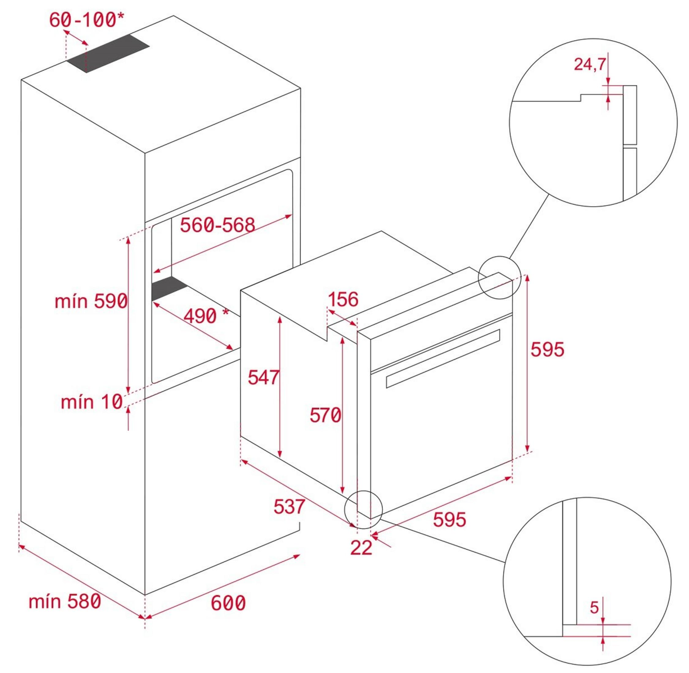 Rysunek techniczny piekarnika z wymiarami w mm. Pokazuje wysokość, szerokość, głębokość i wymiary wycięcia.
