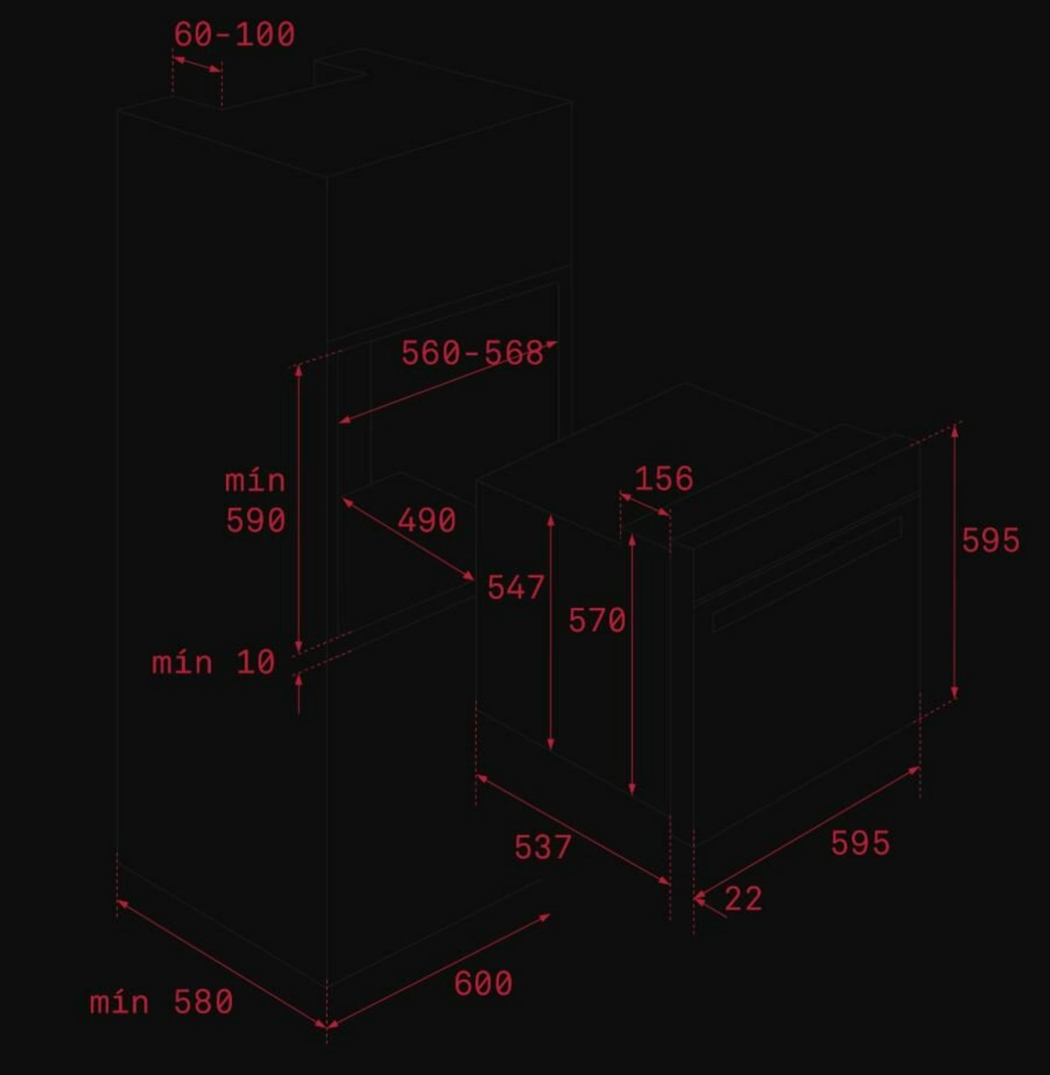 Rysunek techniczny piekarnika do zabudowy z czerwonymi wymiarami na czarnym tle.