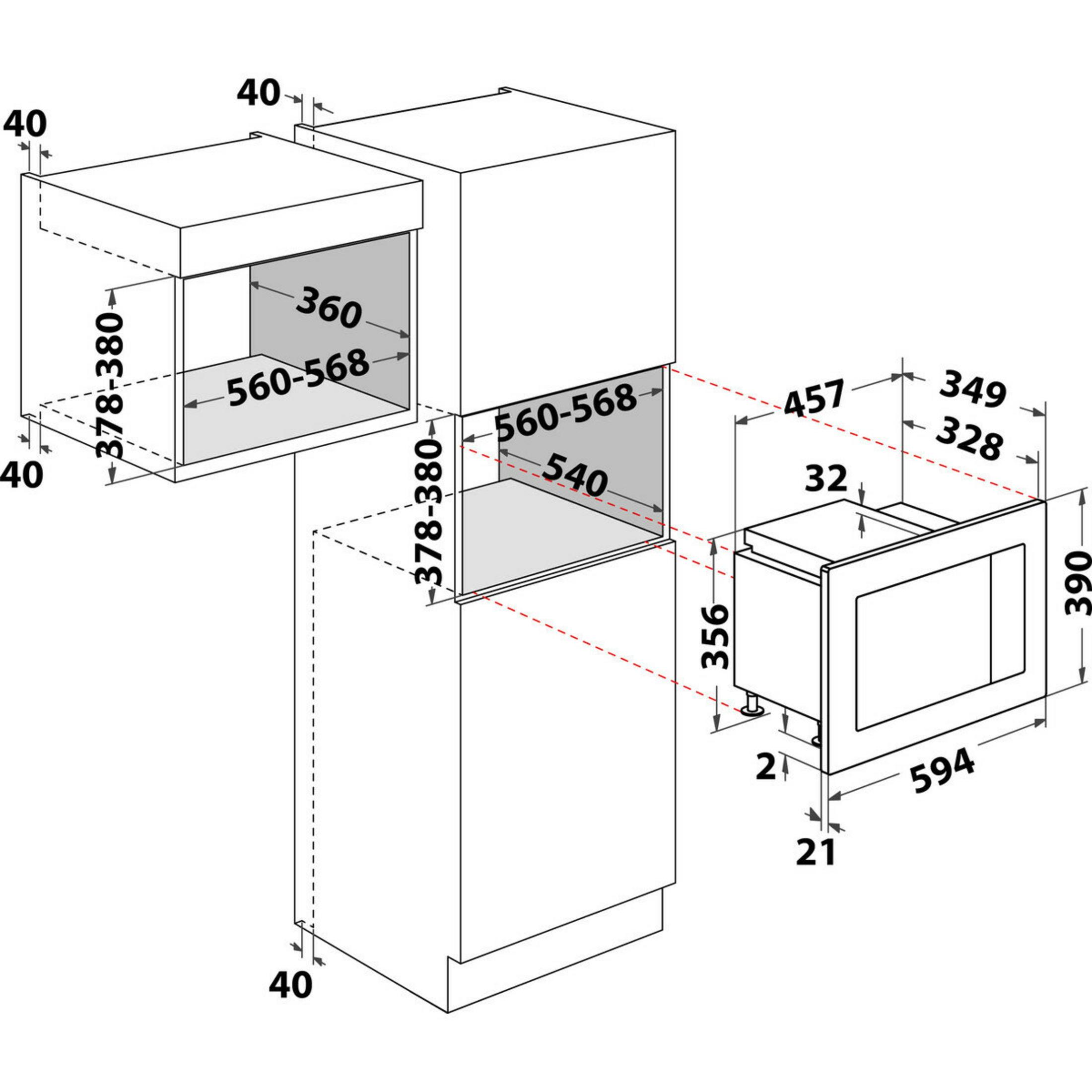 Diagram przedstawia wymiary urządzeń do zabudowy: 40, 378-380, 560-568, 540, 356, 390, 594.