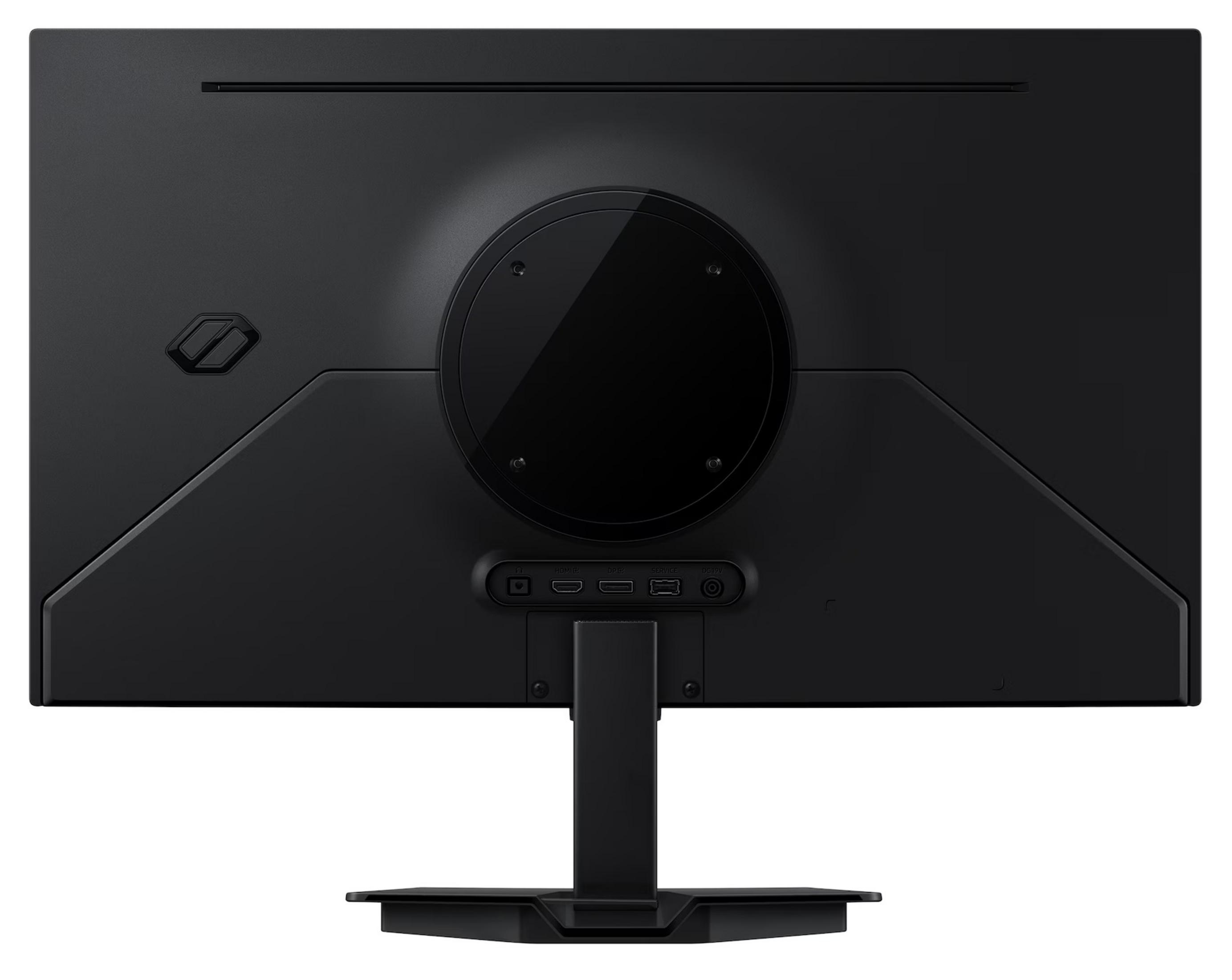 Tył czarnego monitora z portami i podstawką.