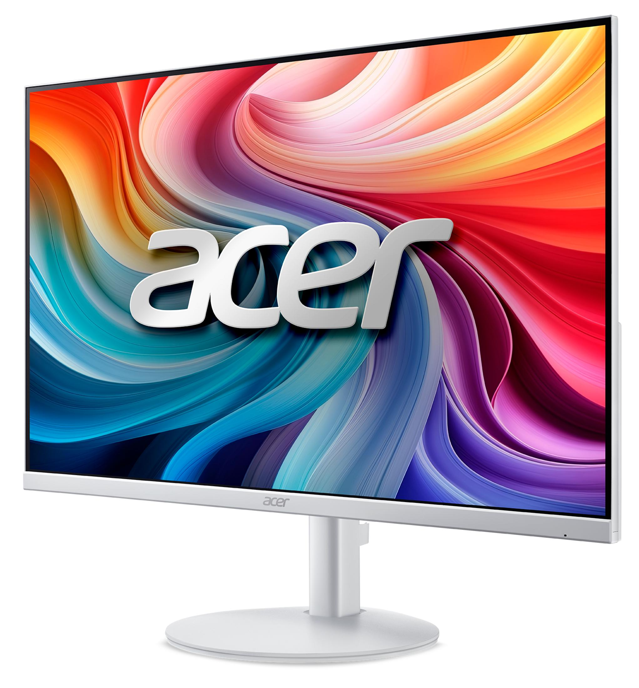 Biały monitor Acer wyświetla żywe, wirujące abstrakcyjne tło z logo Acer.