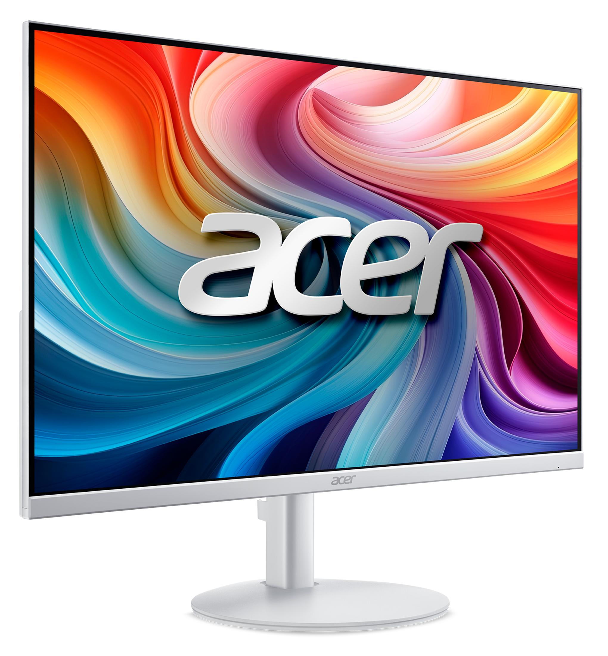 Biały monitor Acer z kolorową, abstrakcyjną tapetą przedstawiającą wirujące linie czerwone, pomarańczowe, niebieskie i fioletowe.