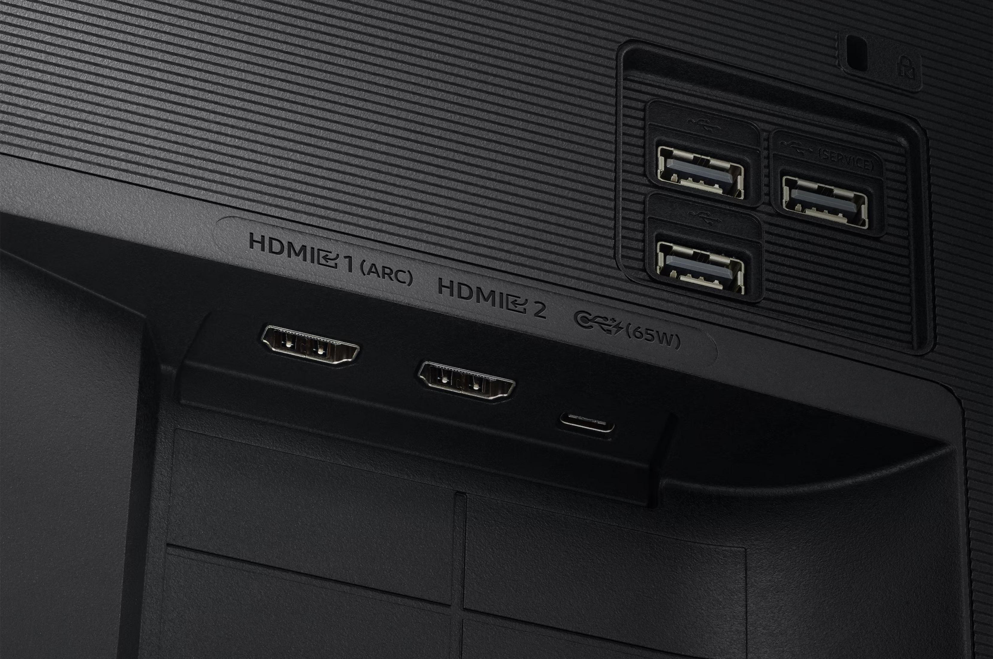 Back panel of a device showing two HDMI ports, USB ports and a power delivery port.