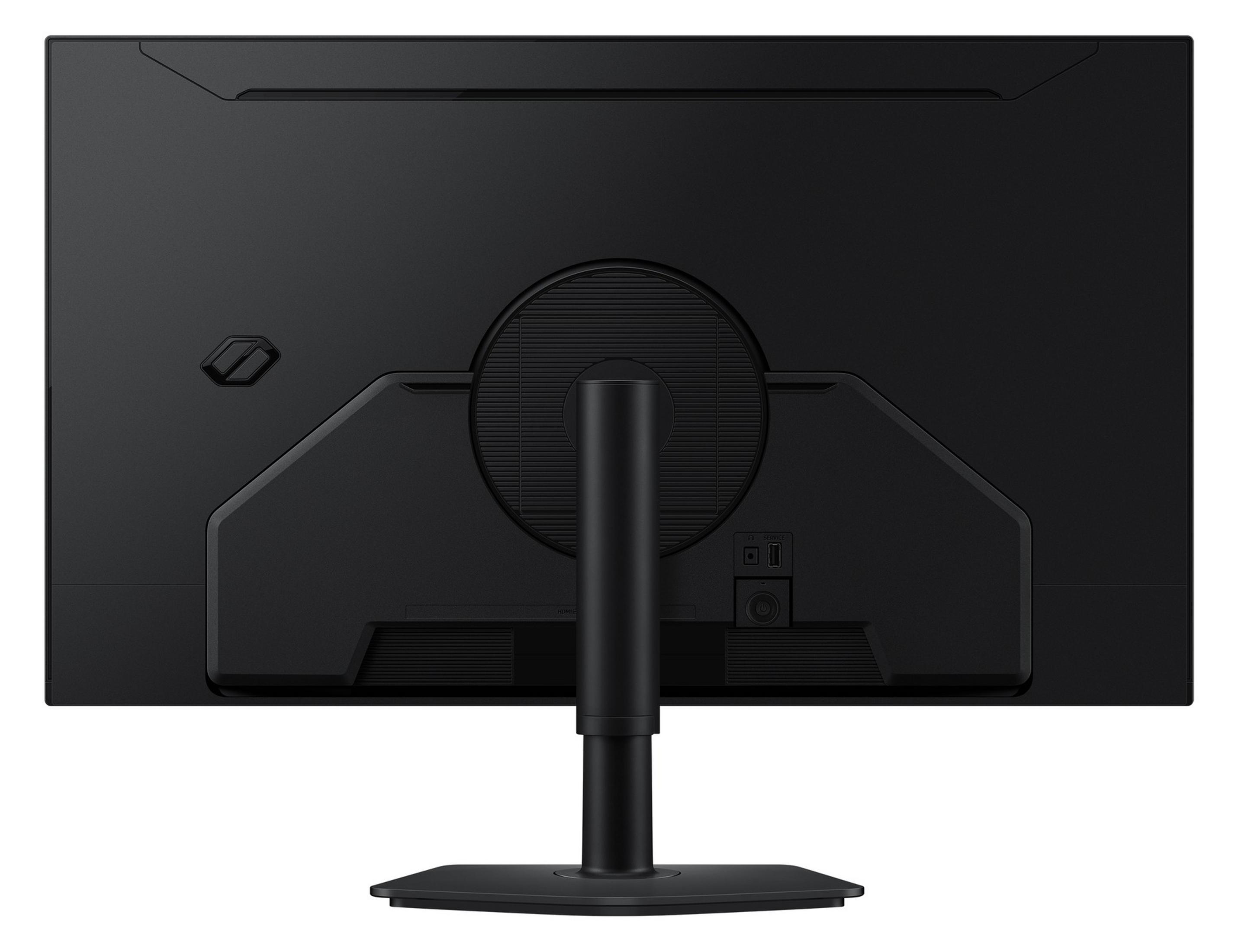 Vista trasera de un monitor negro con soporte y puertos.