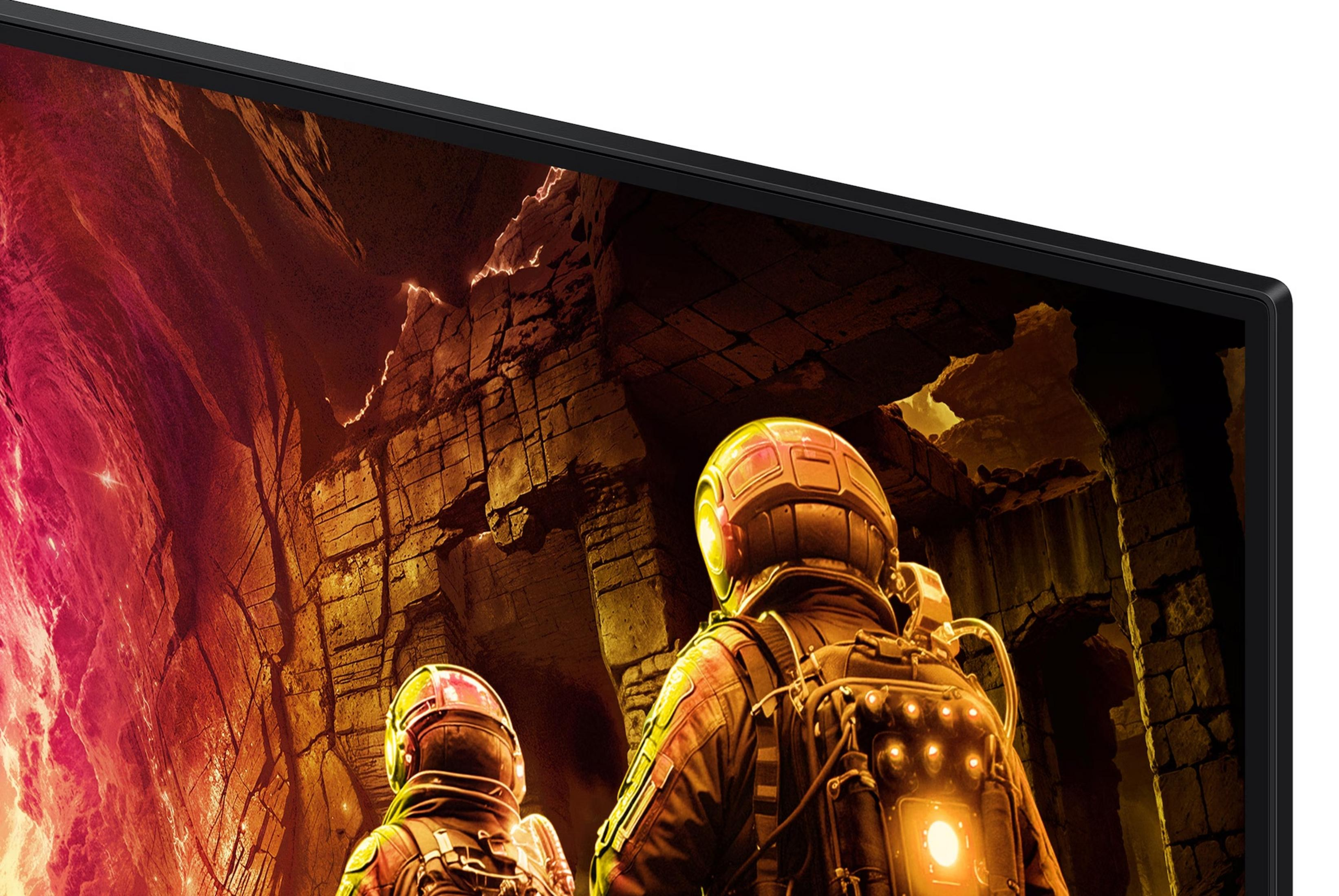 Dwóch astronautów w jaskini z czerwonymi i żółtymi światłami eksploruje starożytne ruiny.