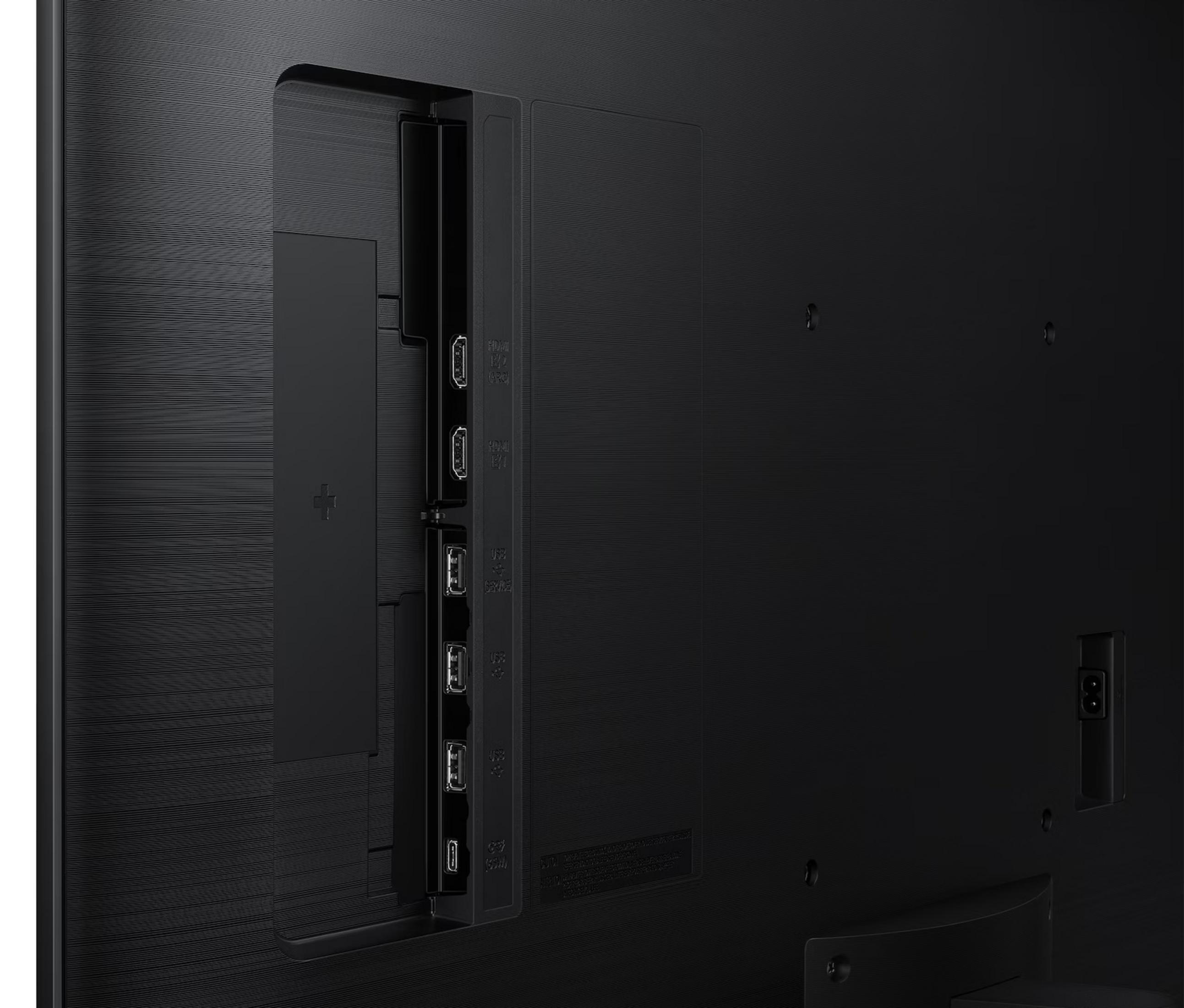 Retro di una TV nera con porte: HDMI, USB e Service.