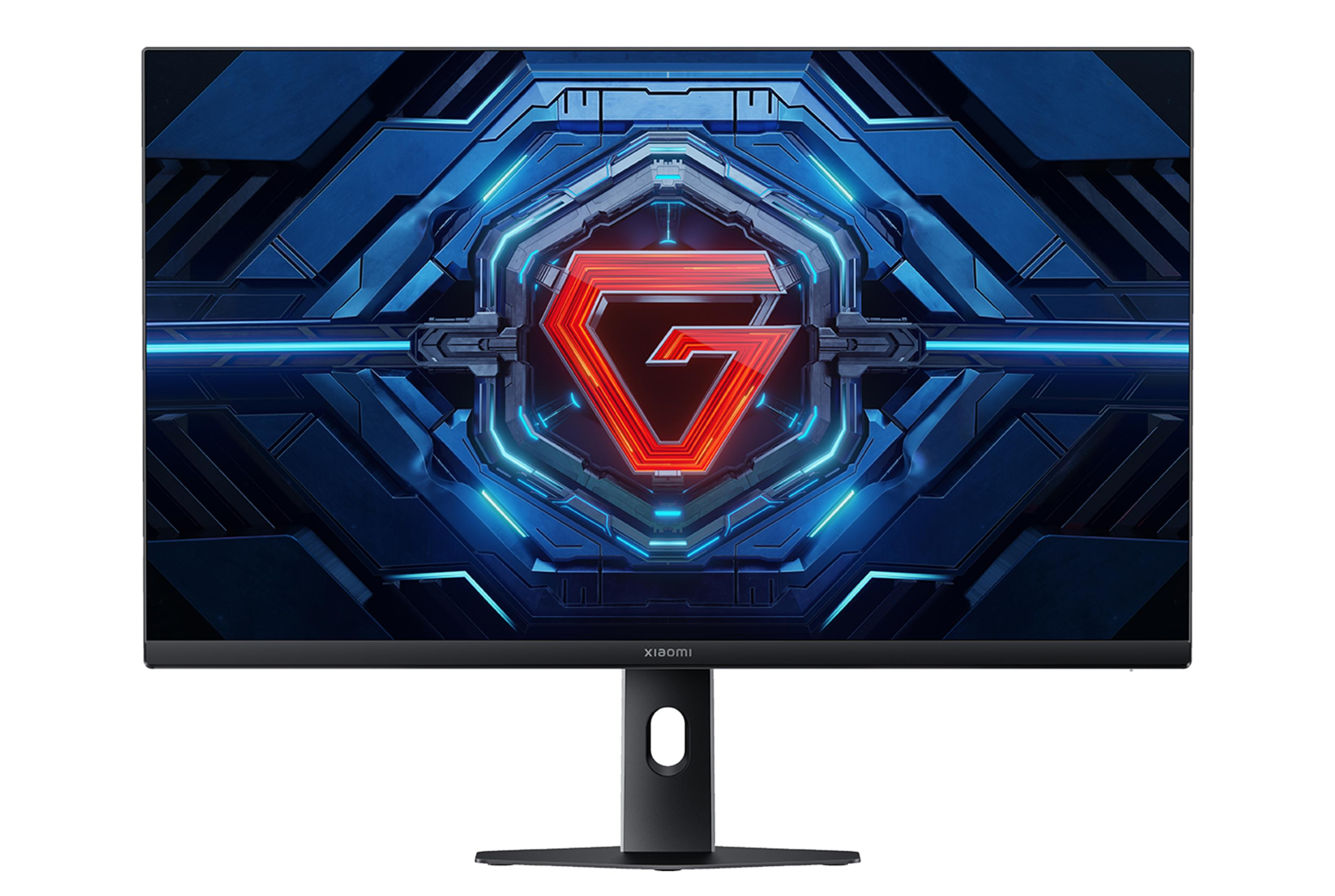 Futurystyczny monitor wyświetla czerwone logo 'G' na niebieskim, geometrycznym tle.