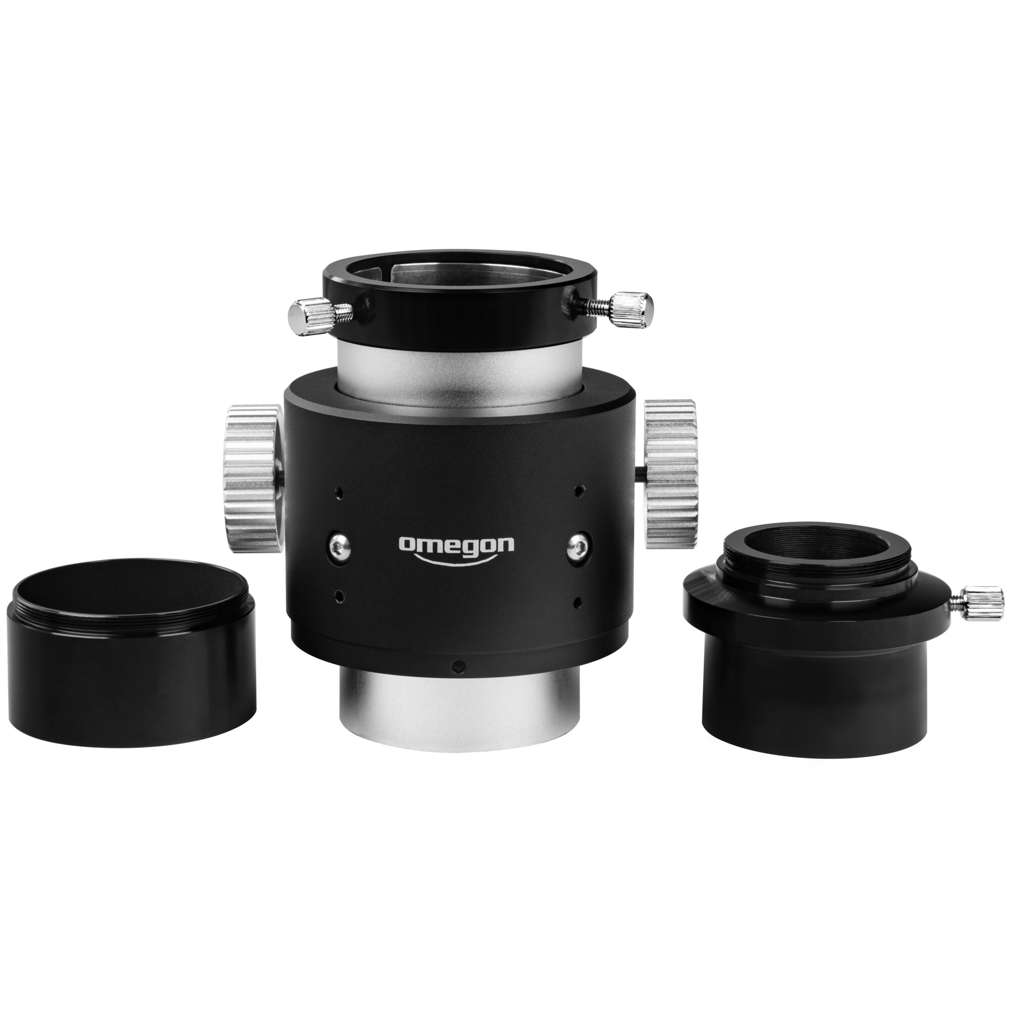 Ein schwarzer Okular-Adapter mit silbernen Rändelschrauben und dem Omegon-Logo.