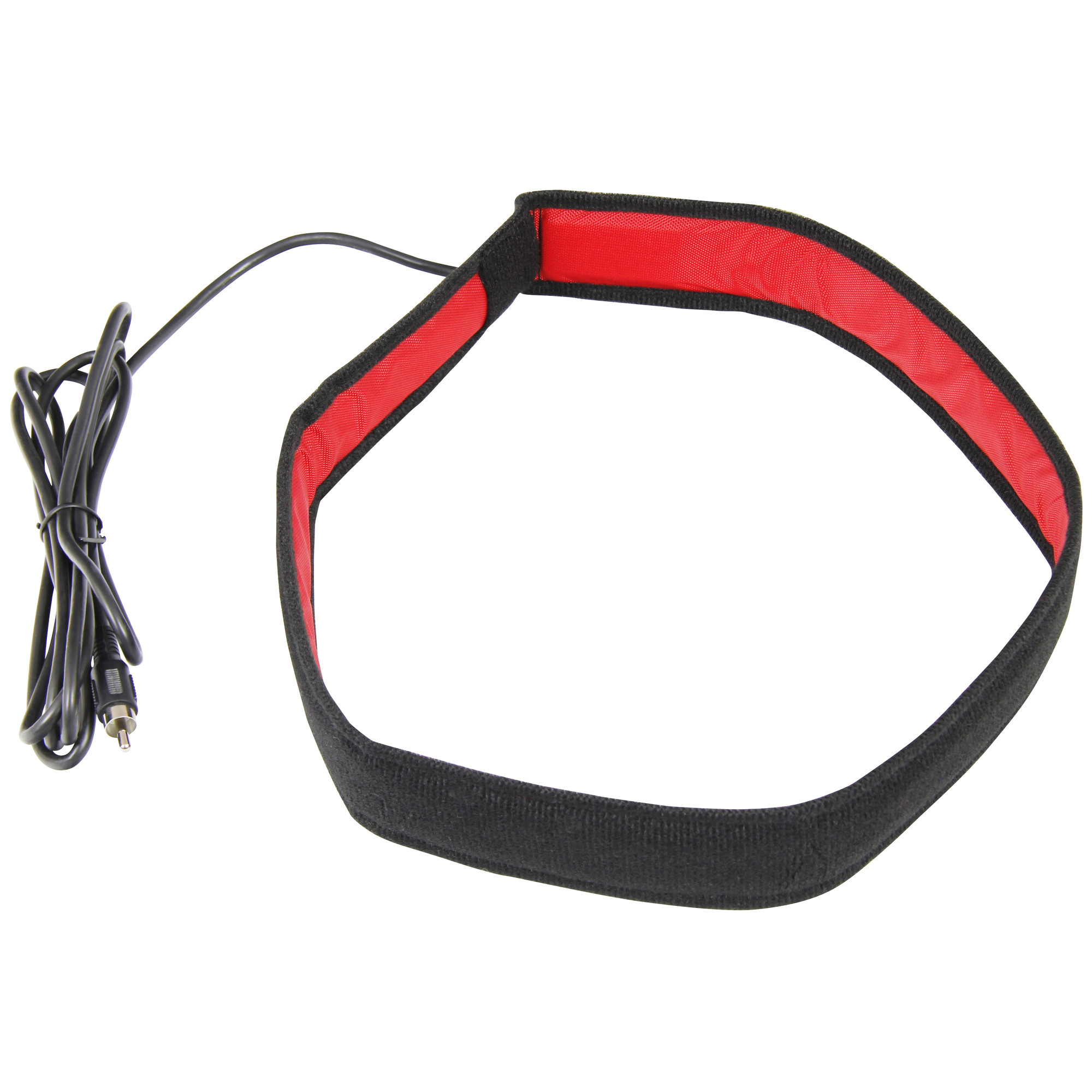 Ein rotes Band mit schwarzem Rand und Kabel, auf weißem Hintergrund.
