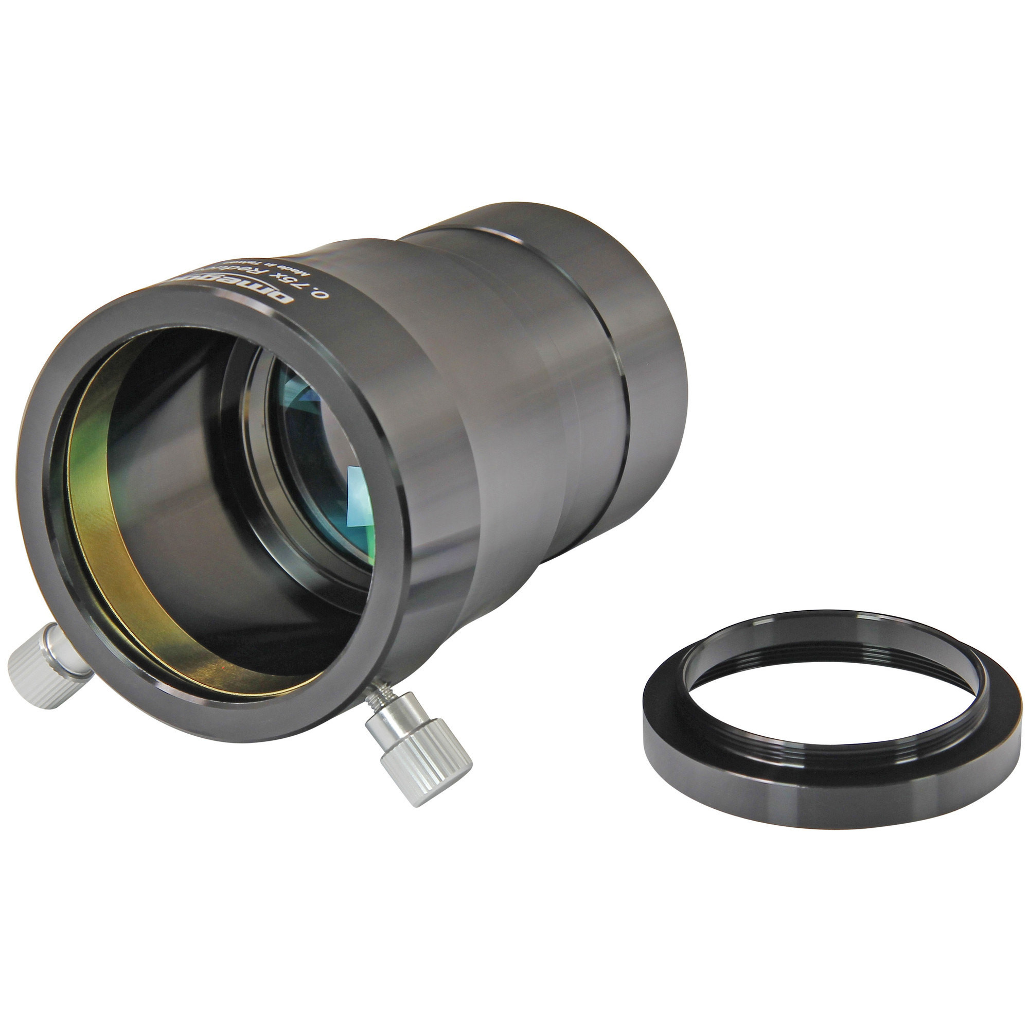 Ein schwarzes Teleskop-Okular mit Schrauben und ein separater Ring.