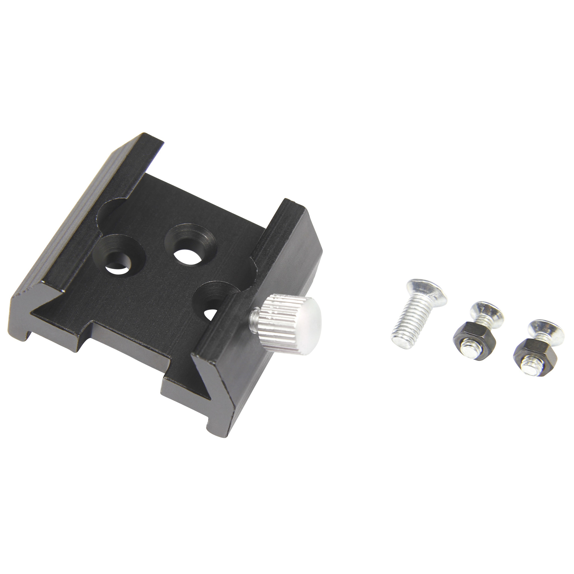 Ein schwarzer Metalladapter mit Rändelschraube und drei Schrauben mit Muttern.