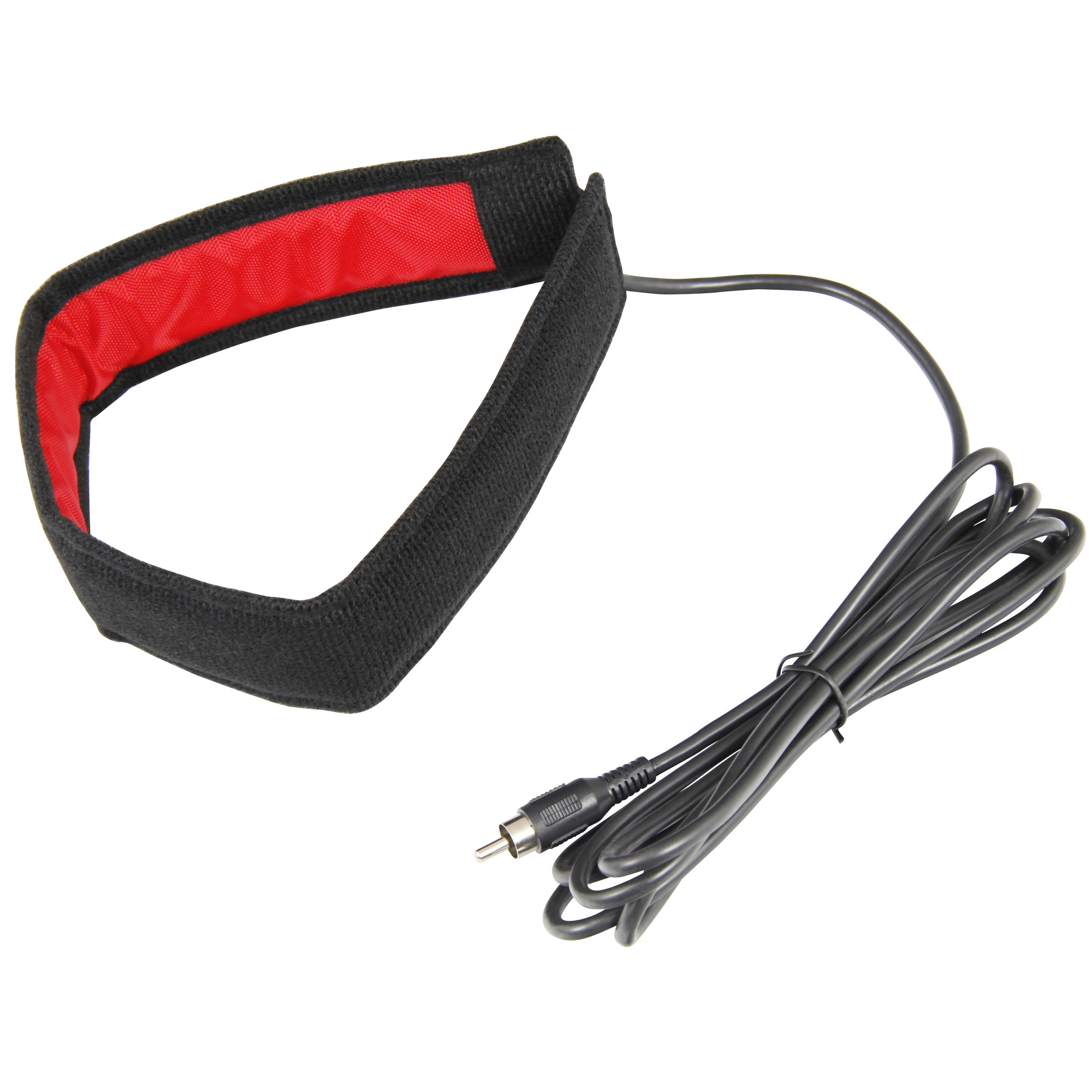 Schwarzes Armband mit rotem Futter und einem Kabel mit RCA-Stecker.
