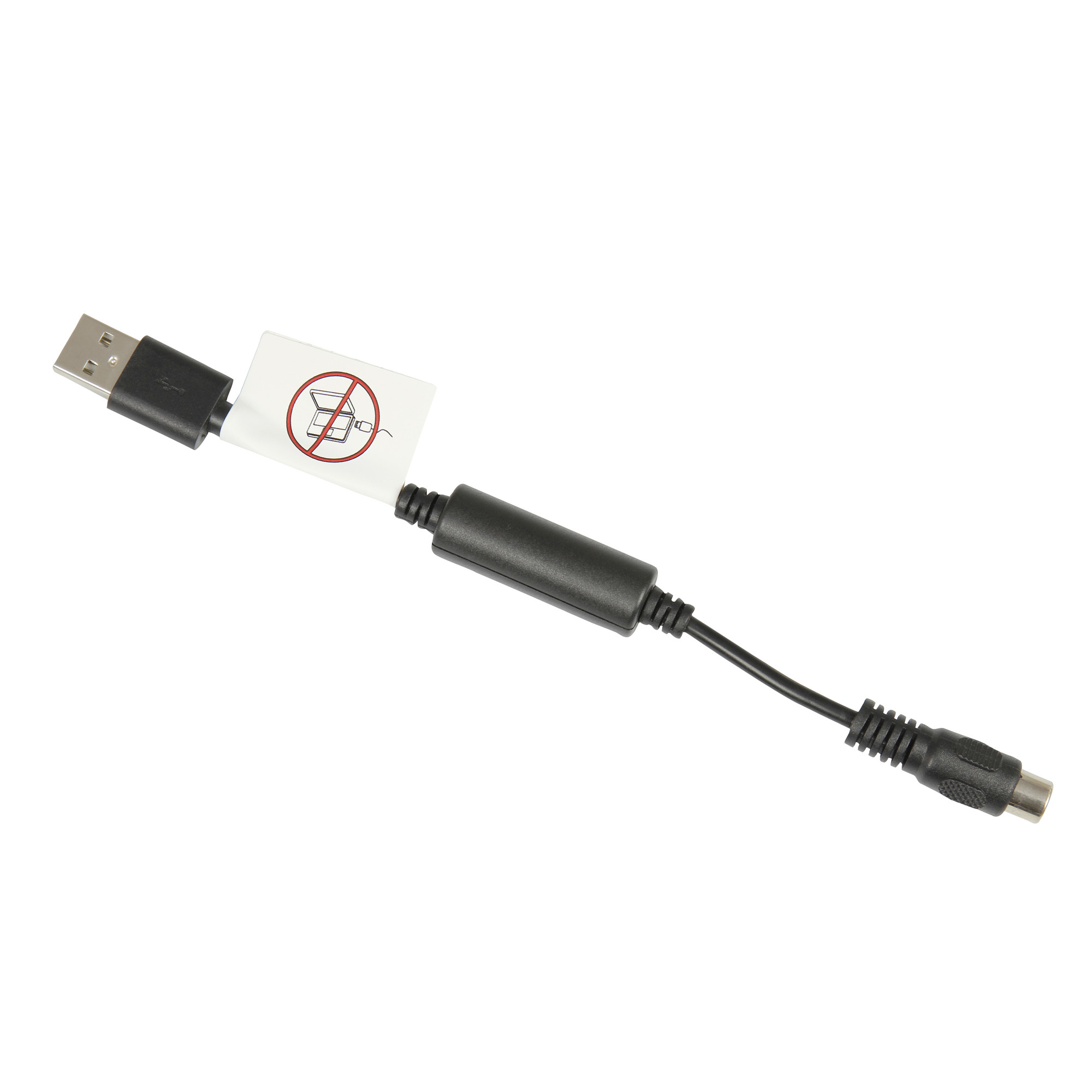 Schwarzes USB-Kabel mit einem Etikett, das ein Laptop-Verbotssymbol zeigt, verbunden mit einem Konverter.