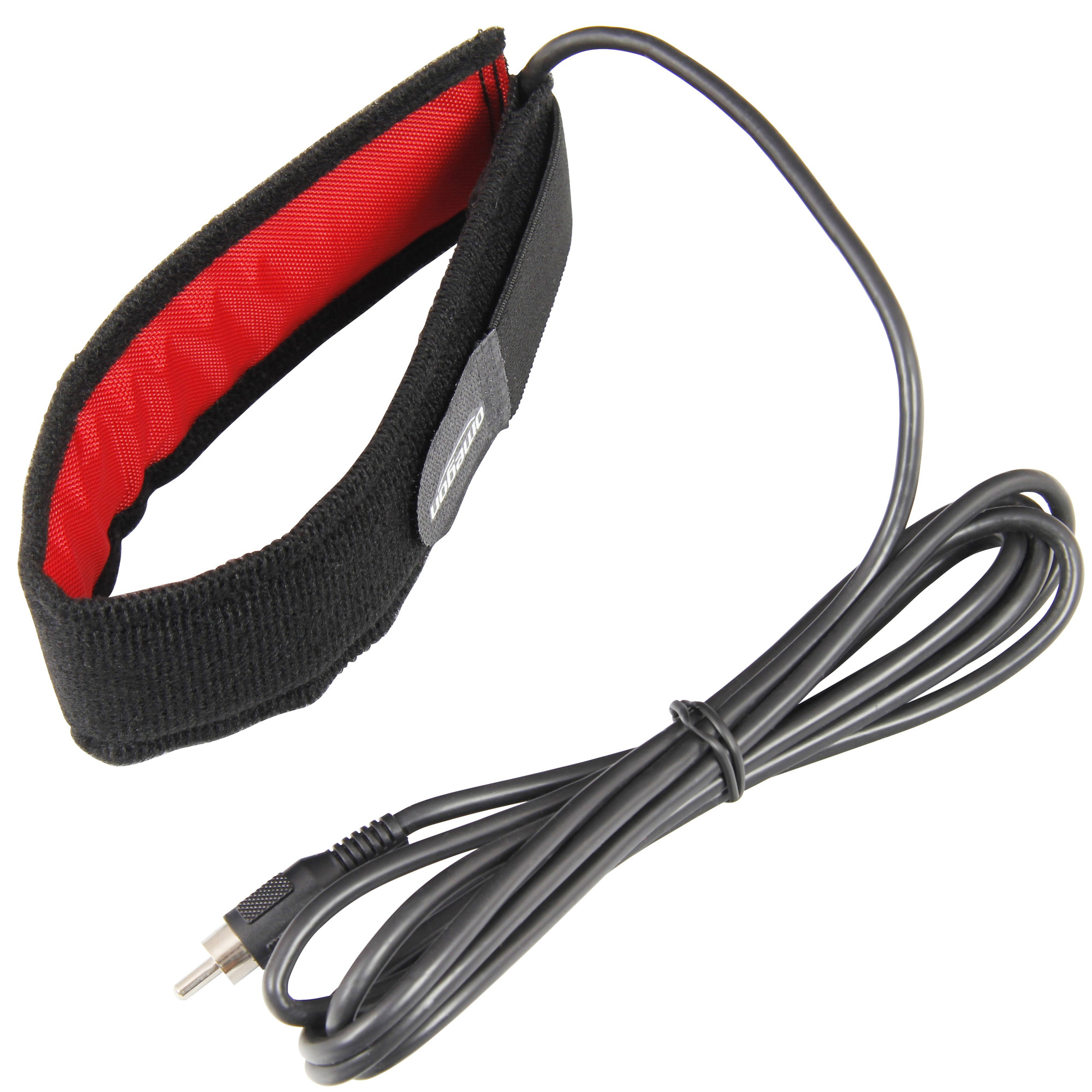 Schwarzes Armband mit roter Innenseite und schwarzem Kabel mit Stecker.