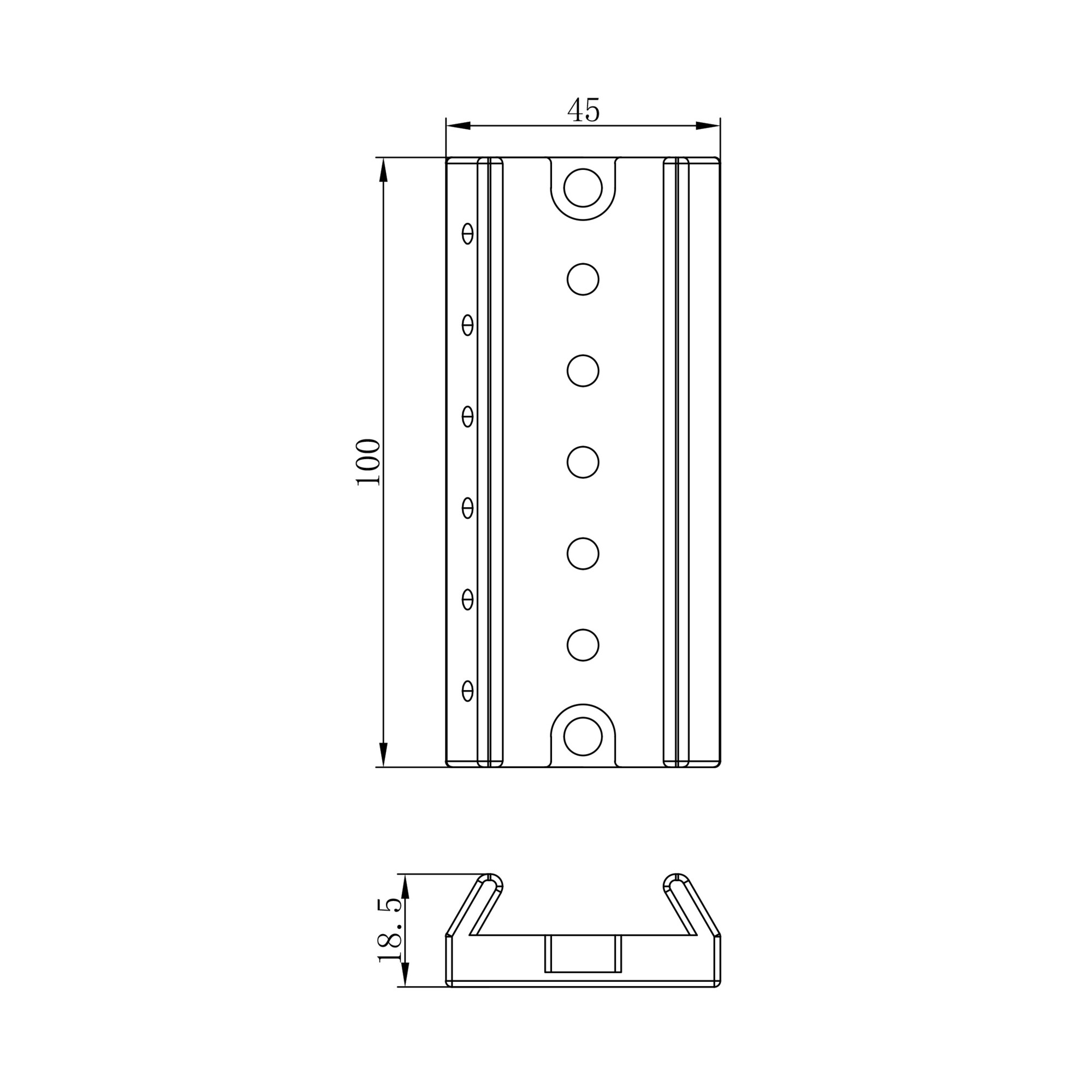 Technische Zeichnung eines rechteckigen Teils mit Maßen 100x45x18,5 mm und kreisförmigen Aussparungen.
