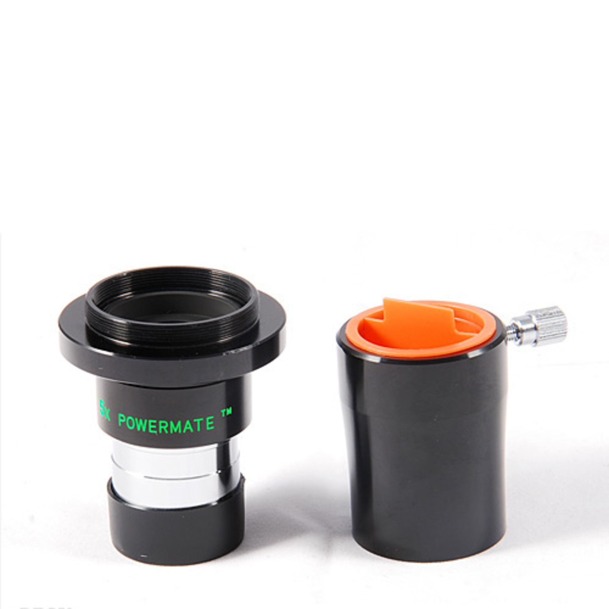 Zwei schwarze astronomische Okulare mit orangefarbenen Einsätzen und silbernen Ringen.
