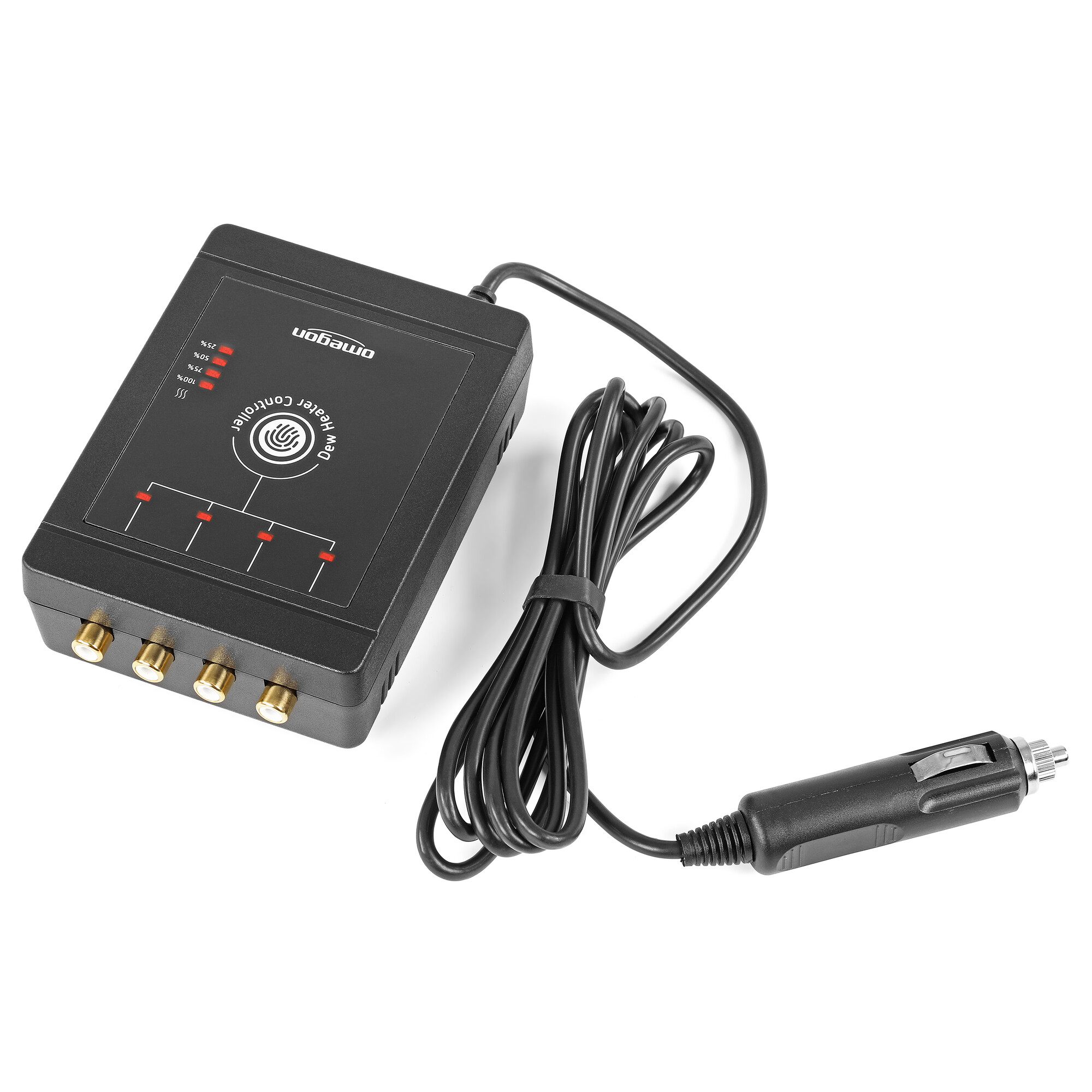 Ein schwarzer Taupunktheizungsregler mit vier Cinch-Anschlüssen und einem Zigarettenanzünderstecker.