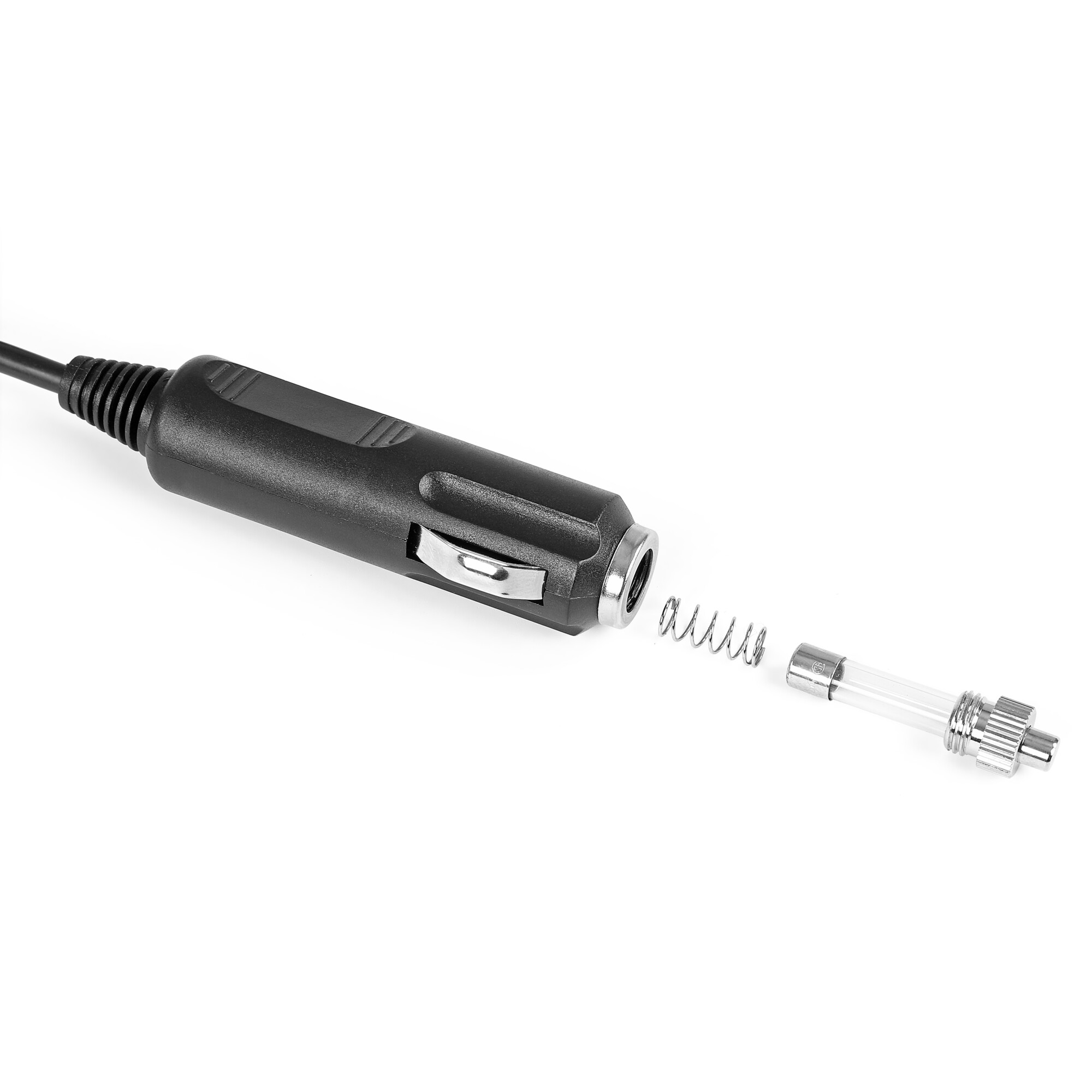 Ein zerlegter Zigarettenanzünderstecker mit Feder und Sicherung.
