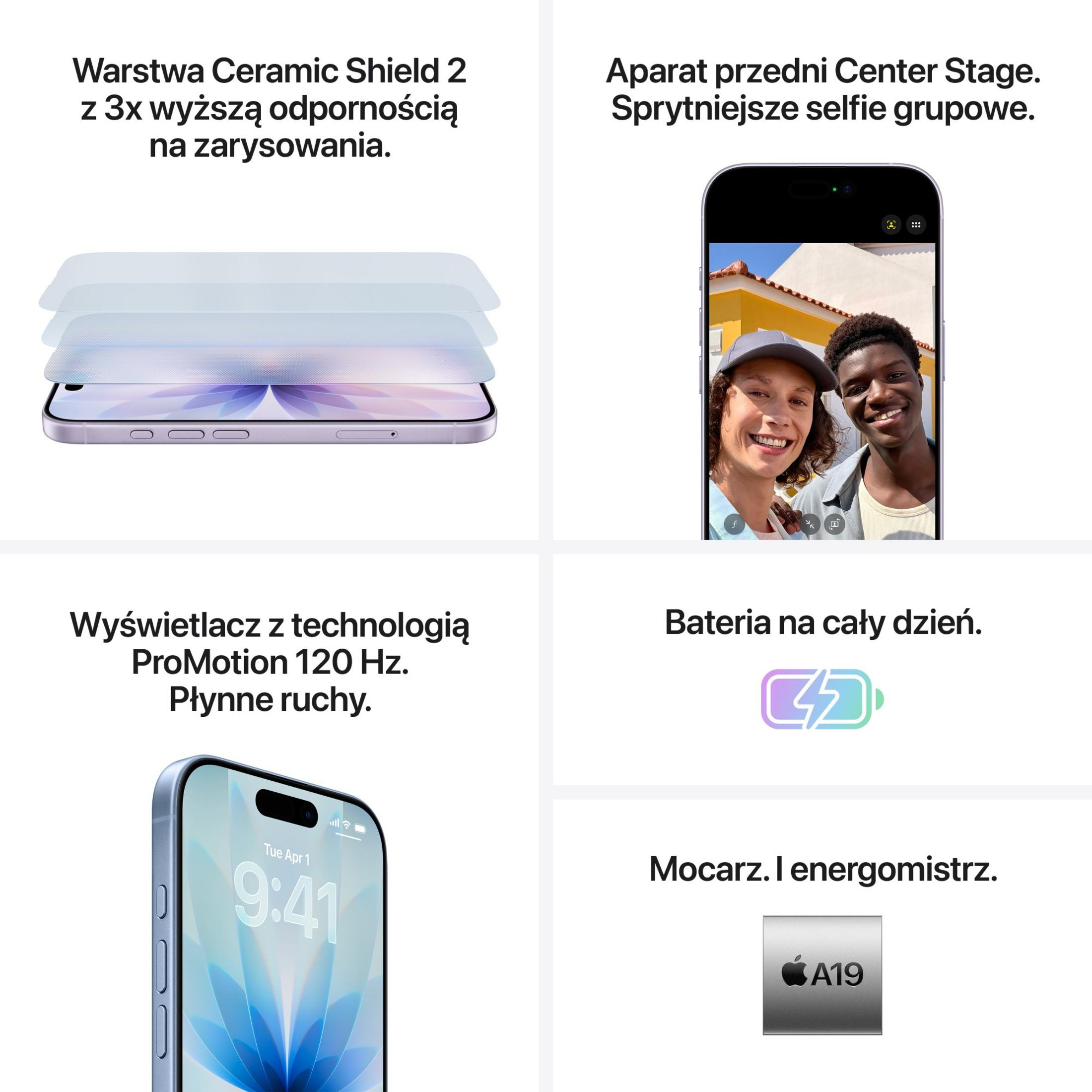 iPhone-Funktionen: Ceramic Shield, Center Stage Kamera, ProMotion Display, Akku für den ganzen Tag, A19 Chip.