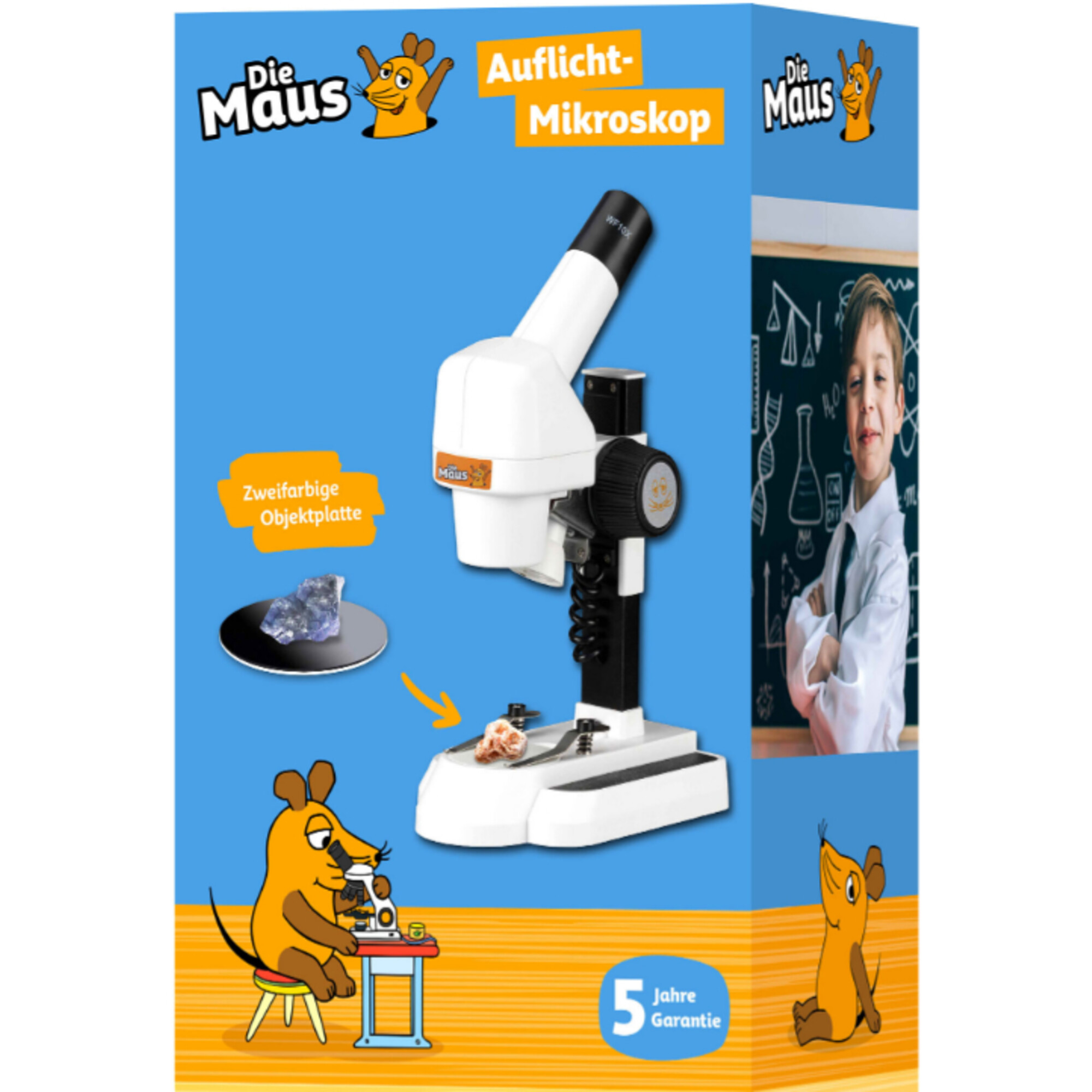 Verpackung eines Kindermikroskops mit Maus-Logo, einem Jungen und Illustrationen.