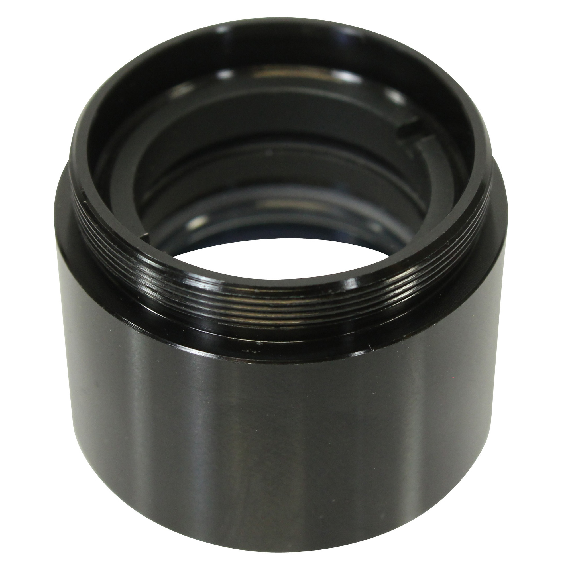 Ein schwarzer, zylindrischer Adapter mit Außengewinde und inneren Ringen.