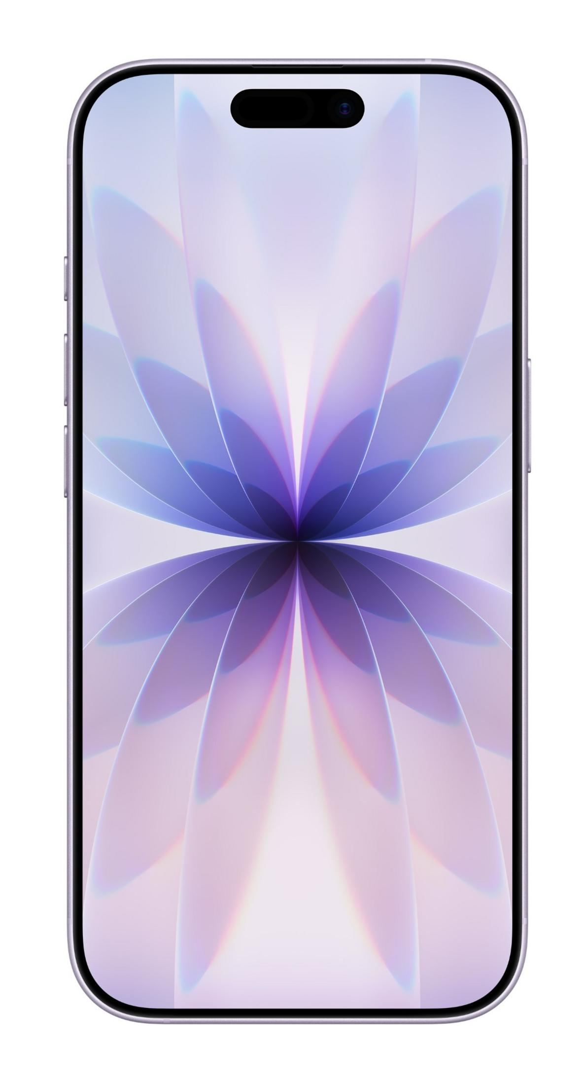 Ein Smartphone mit einem lila und blauen Hintergrundbild, das einem Blütenblatt ähnelt.