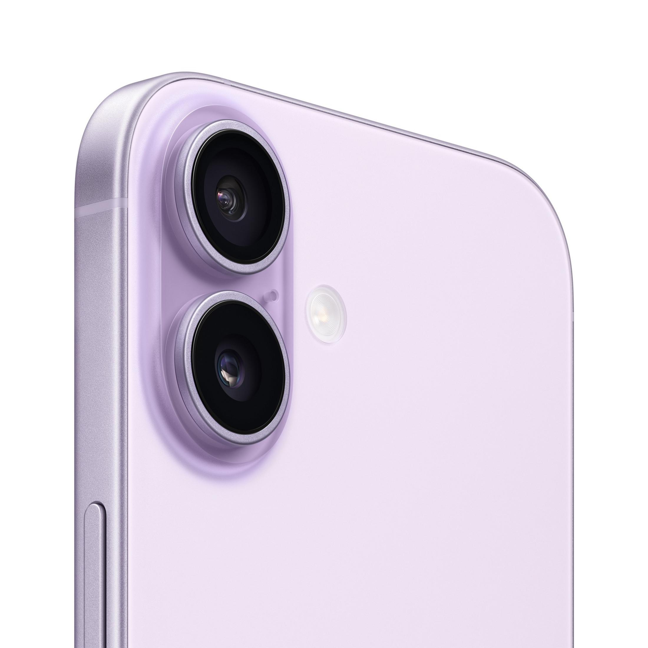 Nahaufnahme eines hellvioletten Smartphones mit Dual-Kamerasystem und Blitz.