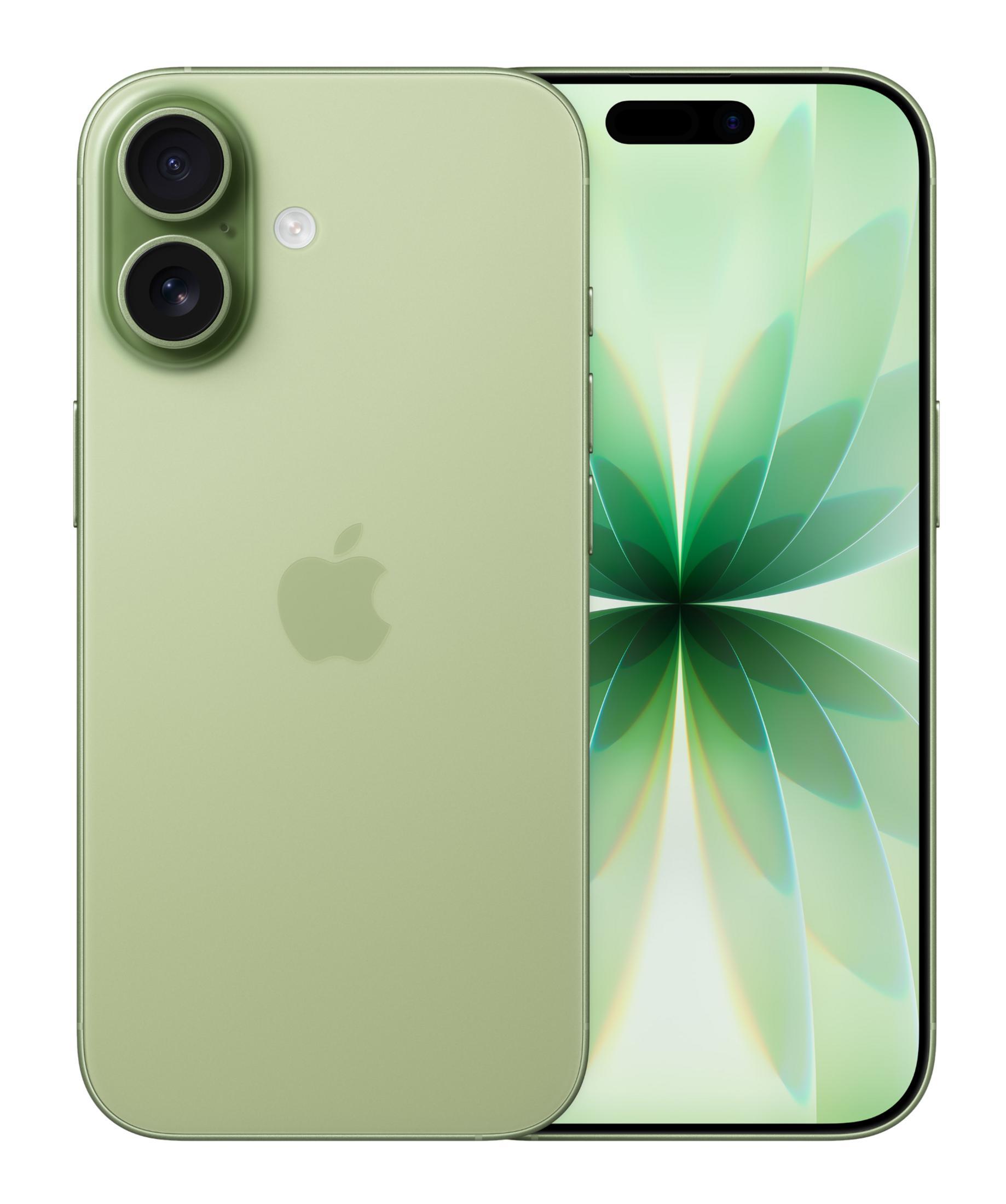 Ein hellgrünes Smartphone mit zwei Kameras und einem Apple-Logo auf der Rückseite.
