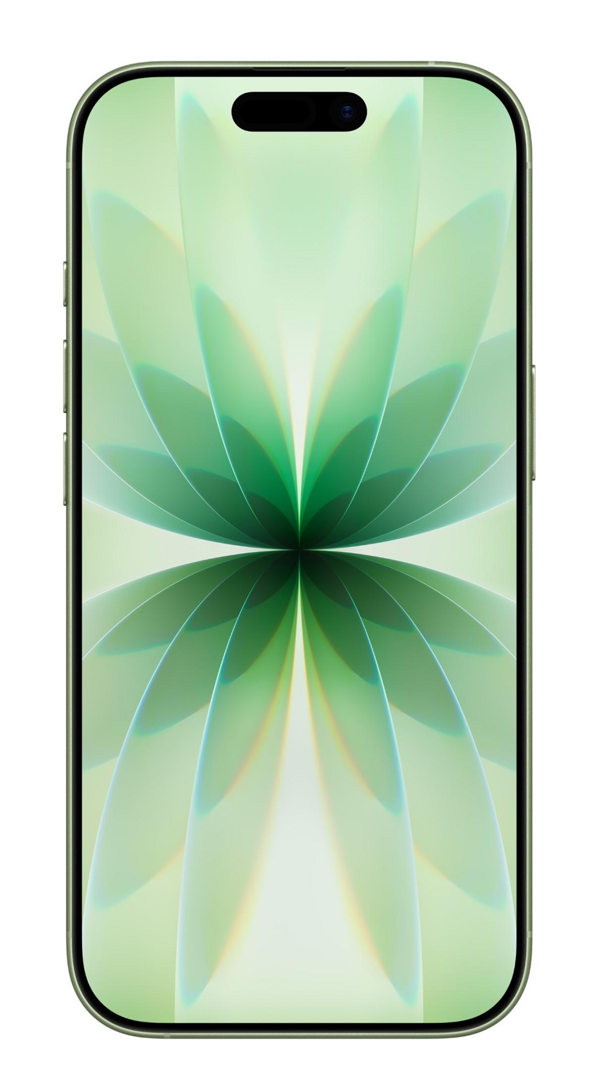 Ein grünes Smartphone mit einem floralen Hintergrund auf dem Bildschirm.