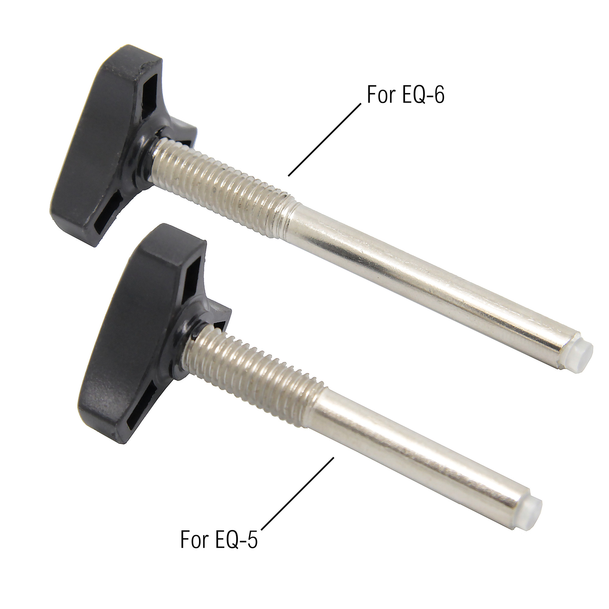 Zwei schwarze T-Griff-Schrauben, eine beschriftet mit For EQ-6, die andere mit For EQ-5.