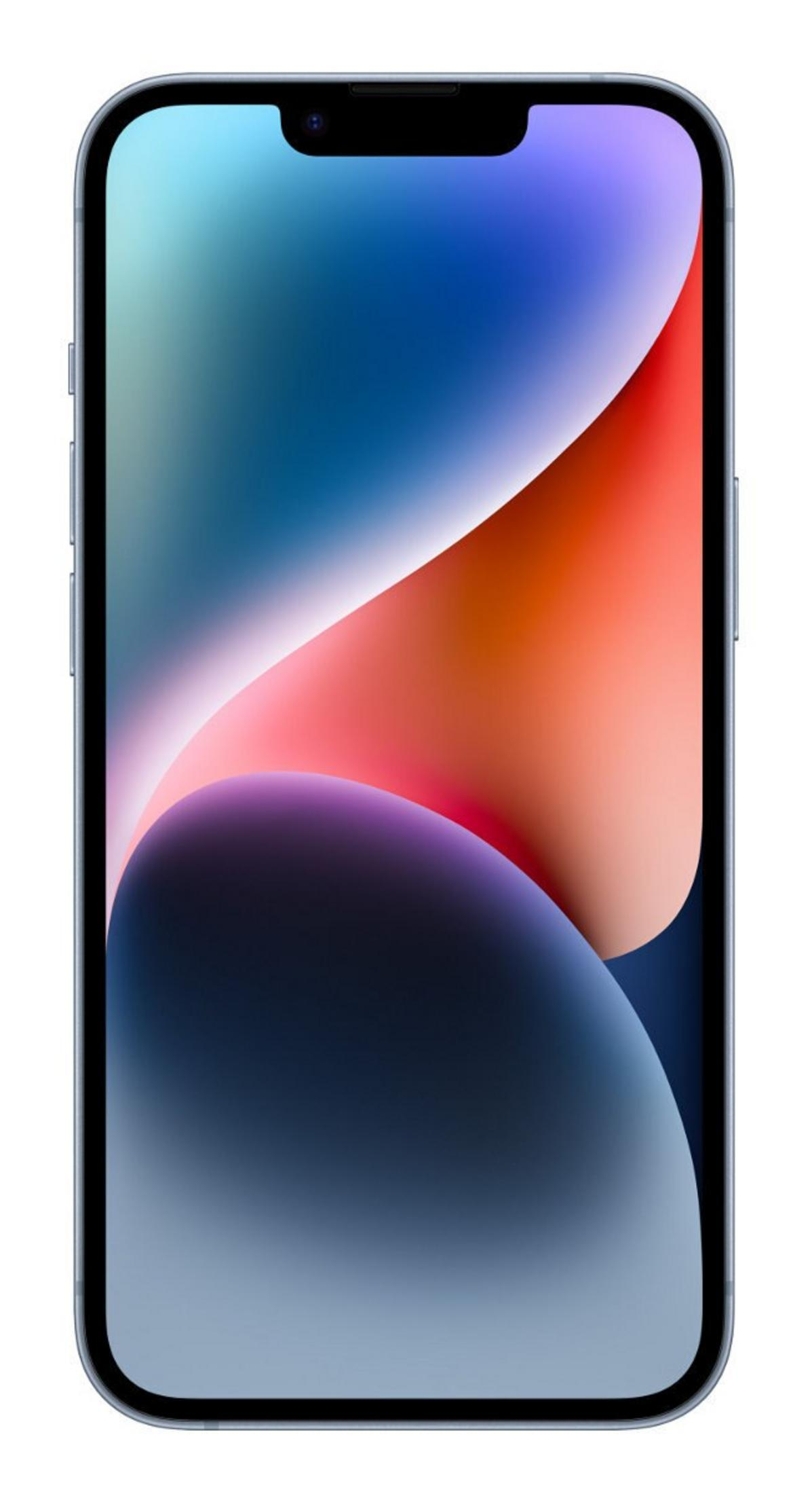 Jasnoniebieski smartfon z kolorową, abstrakcyjną tapetą.