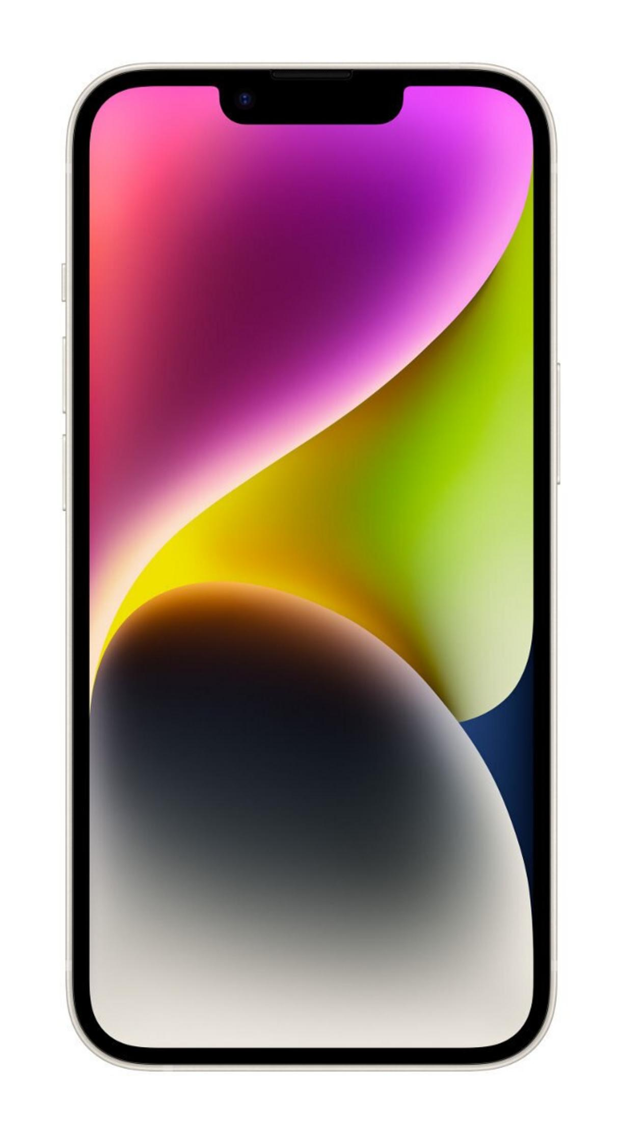 Uno smartphone bianco mostra uno sfondo astratto e vibrante con sfumature viola, verdi e gialle.