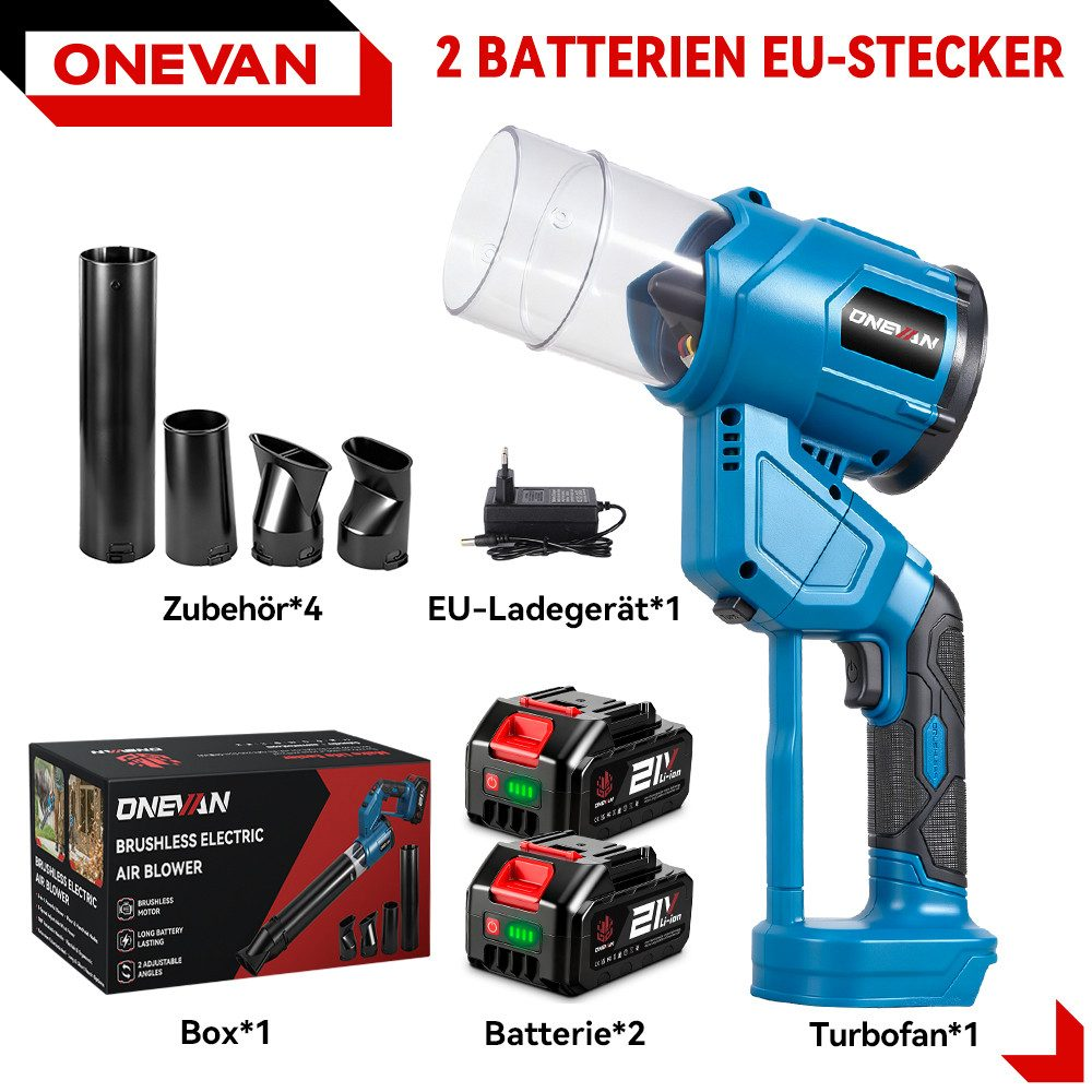 Ein blauer Turbobläser mit Zubehör, zwei Batterien, Ladegerät und Box.