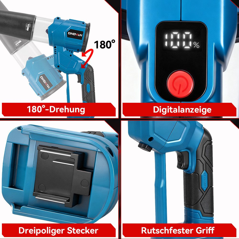 Vier Ausschnitte zeigen einen blauen Akkuschrauber mit digitalen Anzeigen und Griff.