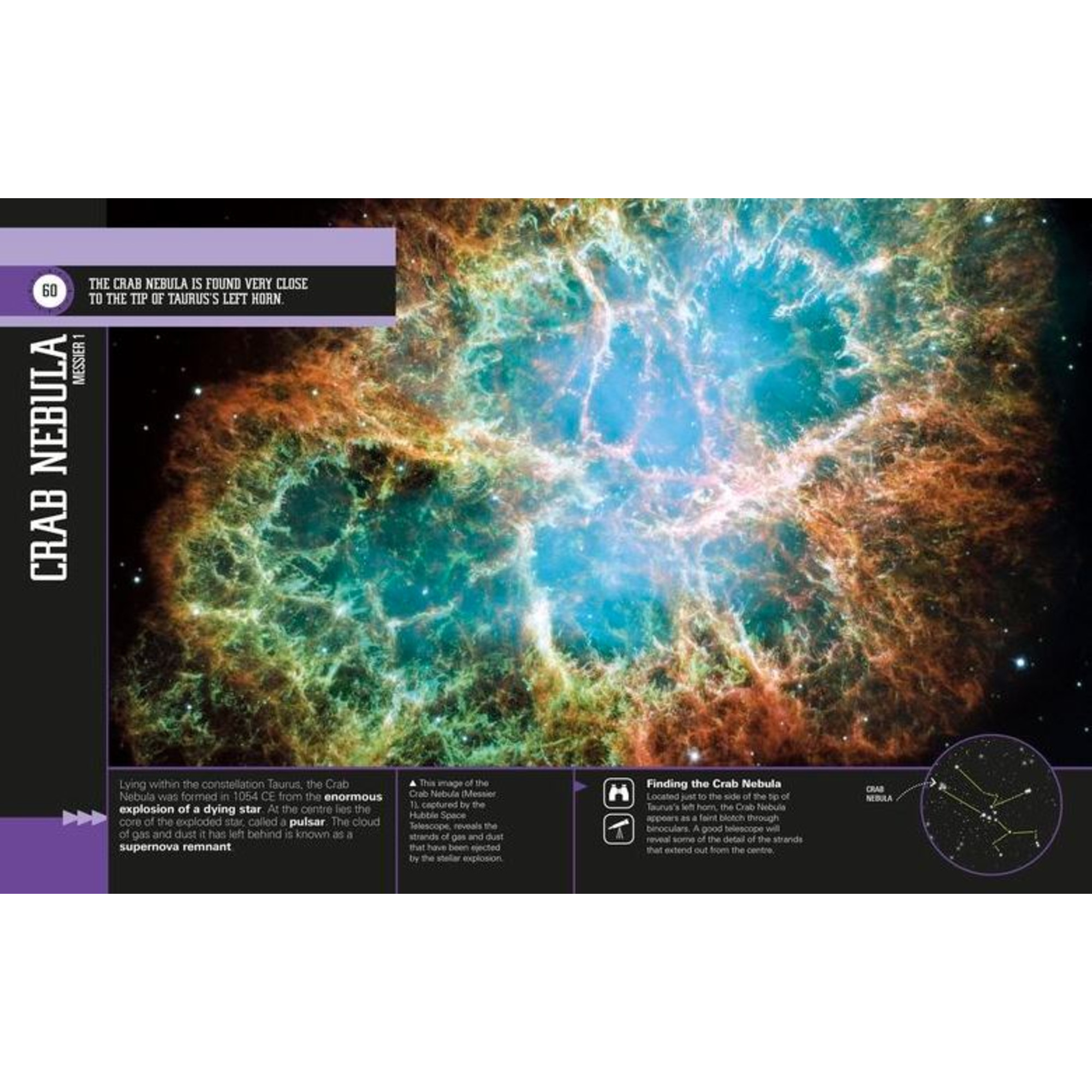 Der Krebsnebel, ein Supernova-Überrest, leuchtet mit blauem, grünem und orangefarbenem Gas und Staub.