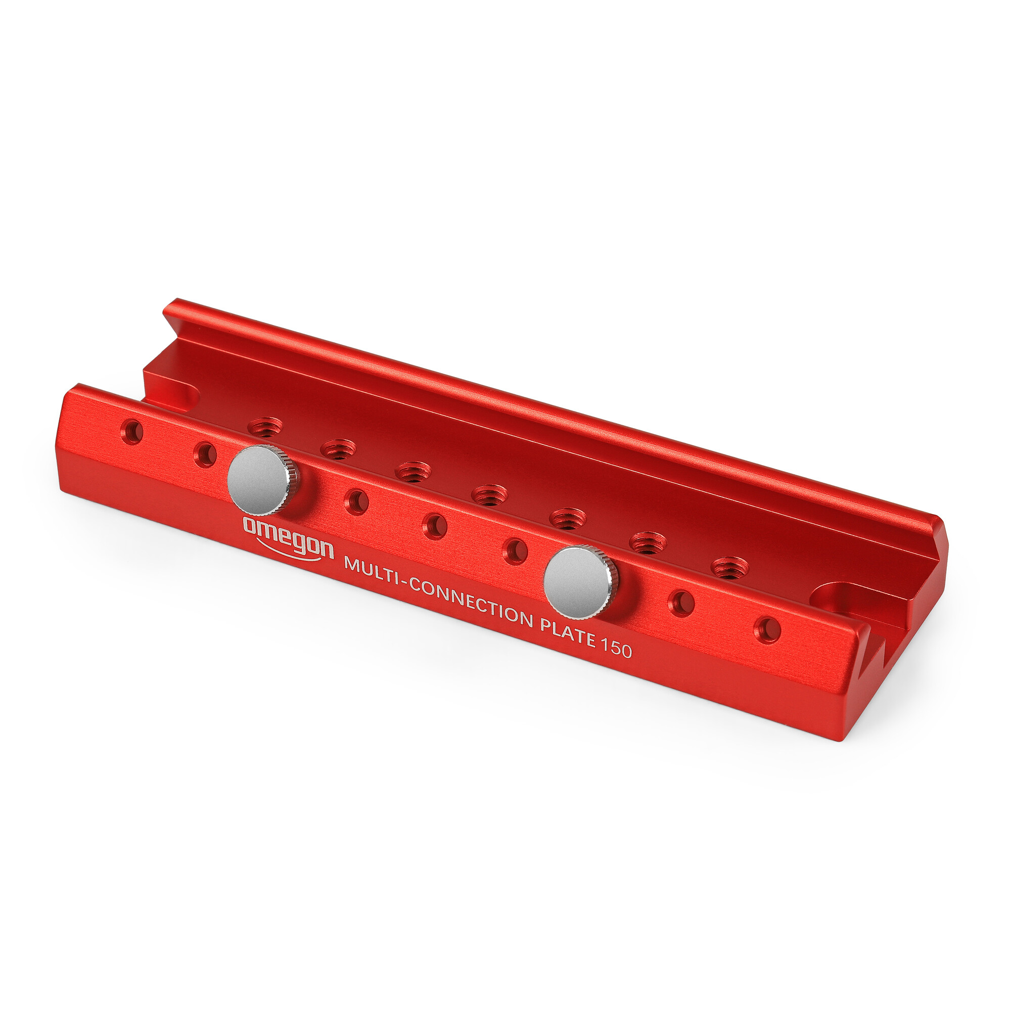 Eine rote Aluminium-Verbindungsplatte mit Schrauben und Löchern.
