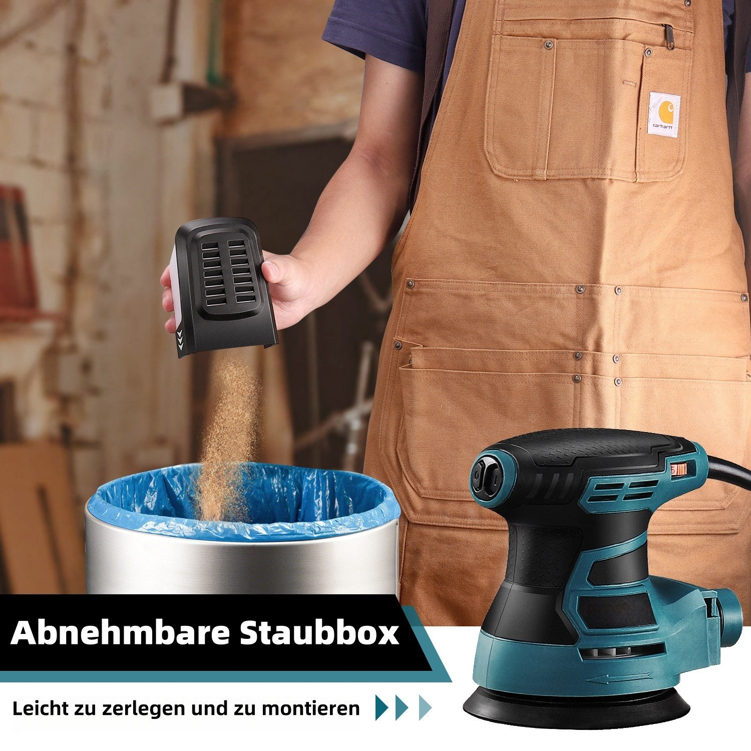 Ein Mann leert eine Staubbox in einen Mülleimer, neben einem Schleifgerät.