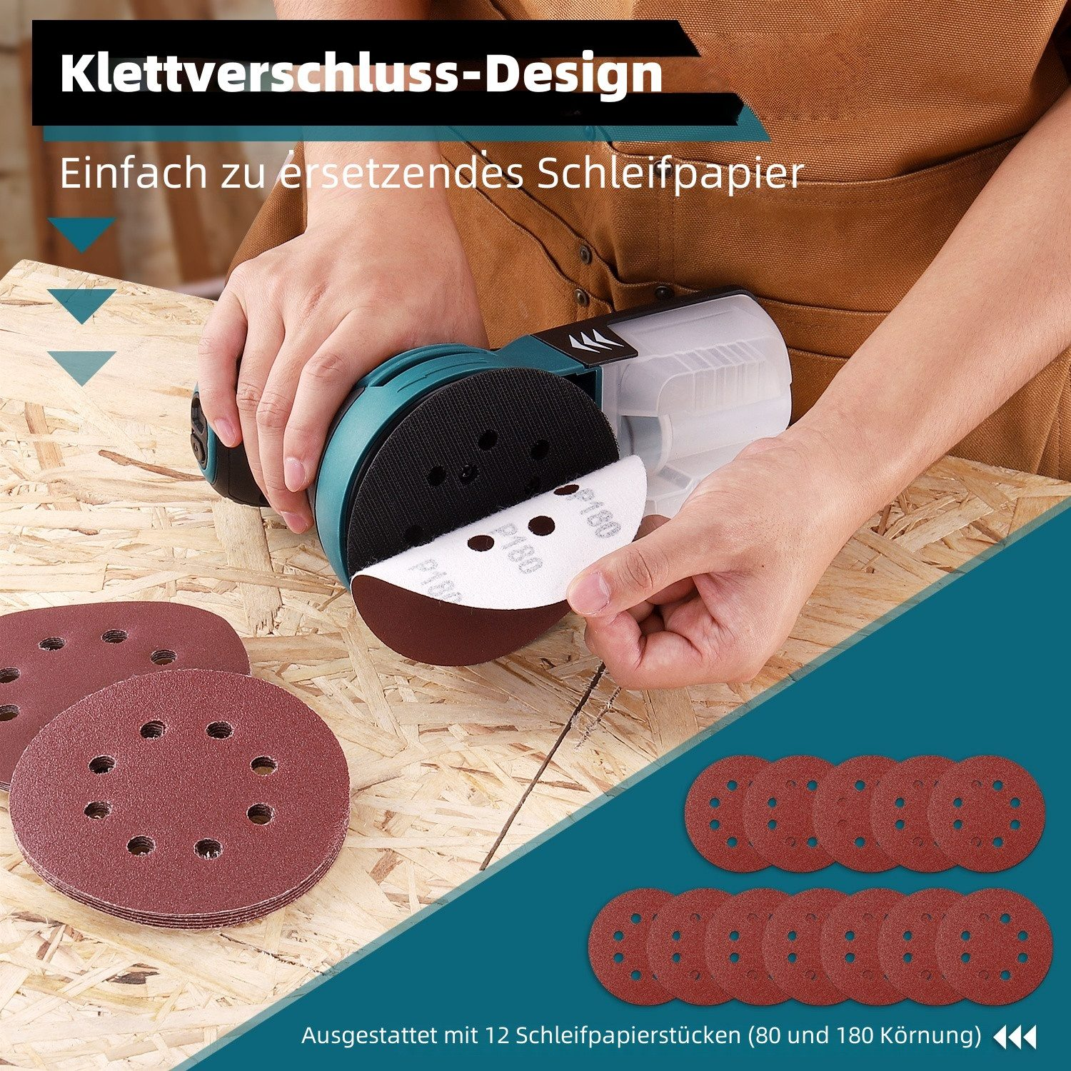 Eine Hand befestigt eine runde Schleifscheibe an einem tealfarbenen Exzenterschleifer auf Holz.