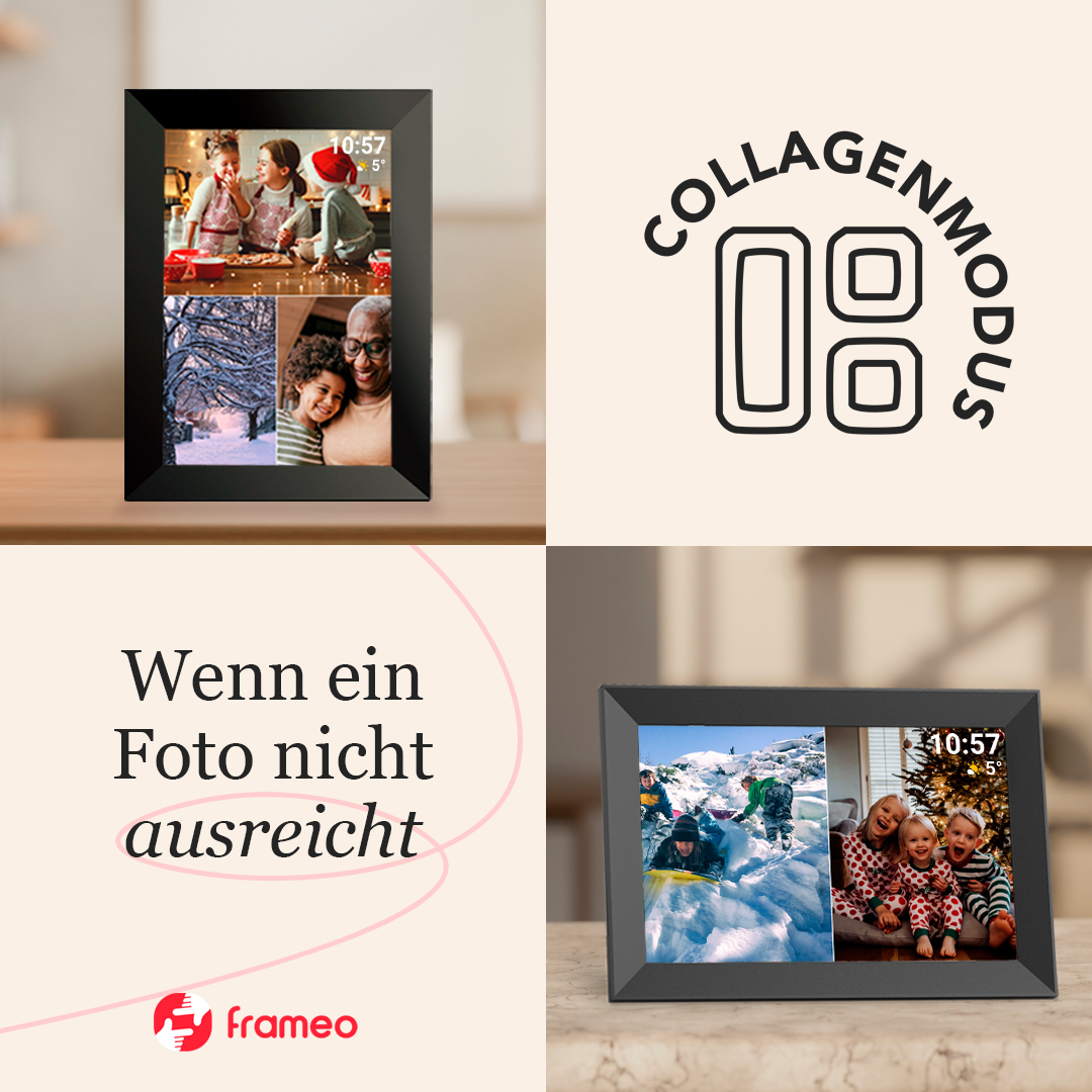 Digitaler Bilderrahmen mit Collage aus vier Fotos und Logo.