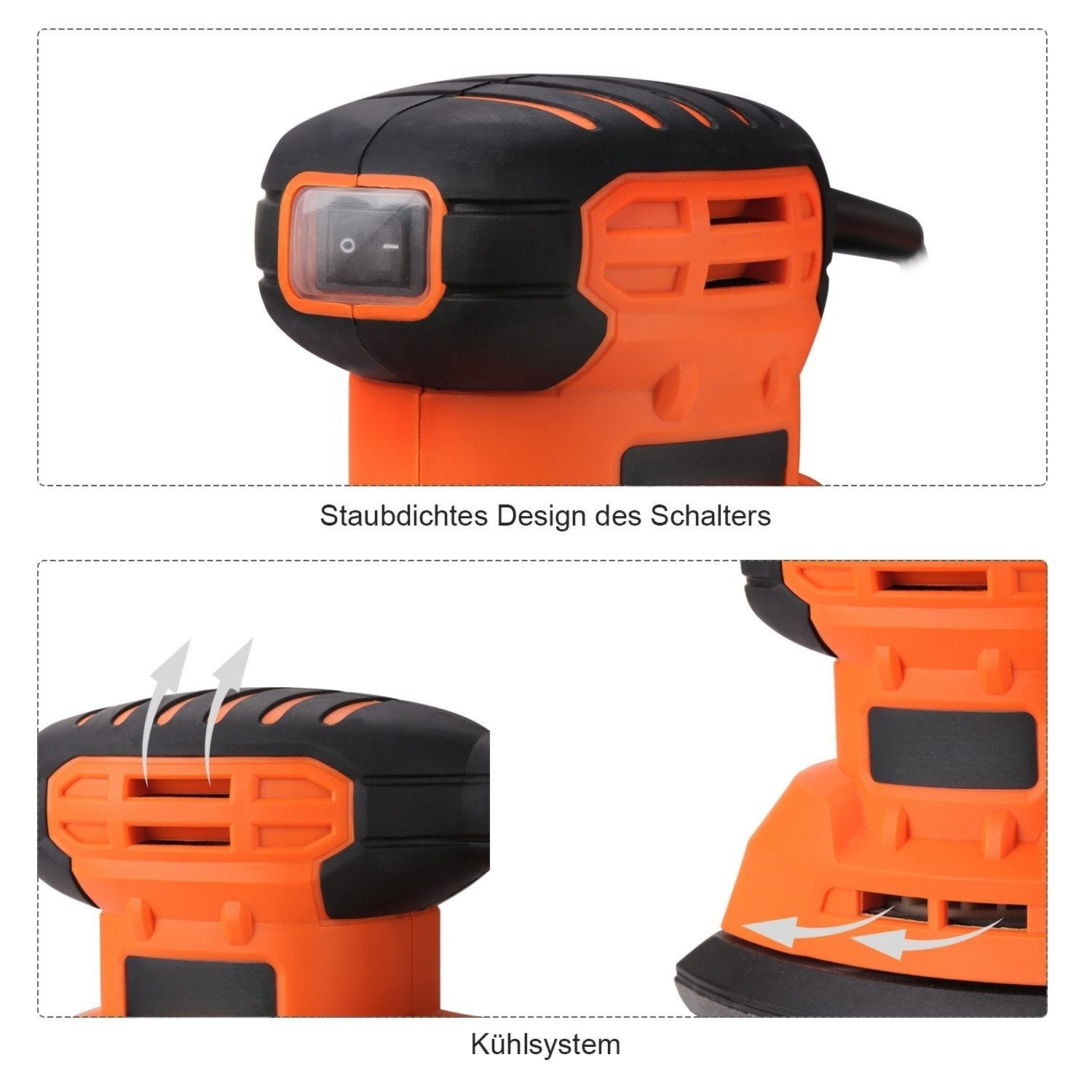 Orange und schwarzer Schleifer, Nahaufnahmen zeigen Schalter und Lüftungsschlitze.