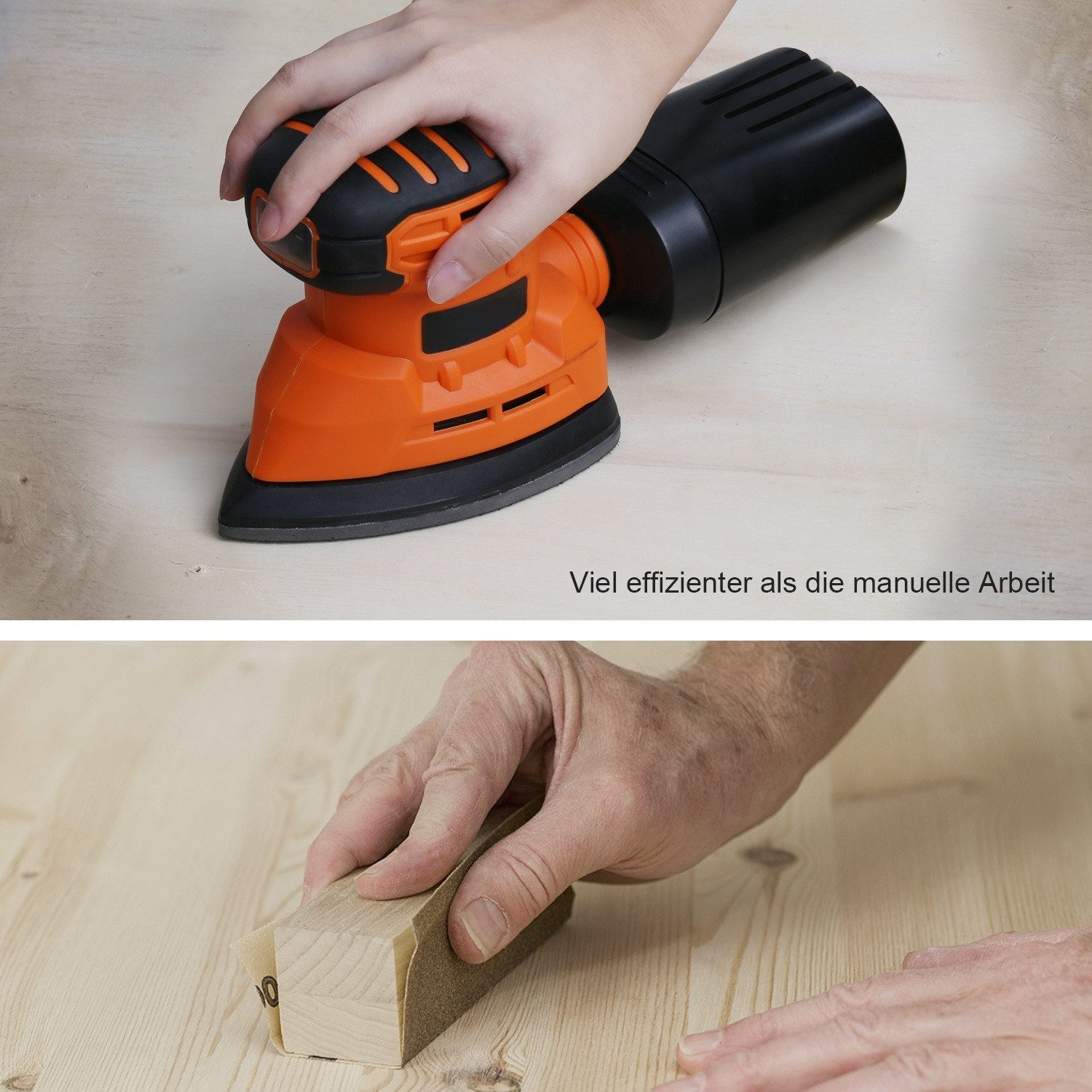 Hand hält Schleifmaschine, Hand schleift Holzblock mit Sandpapier.