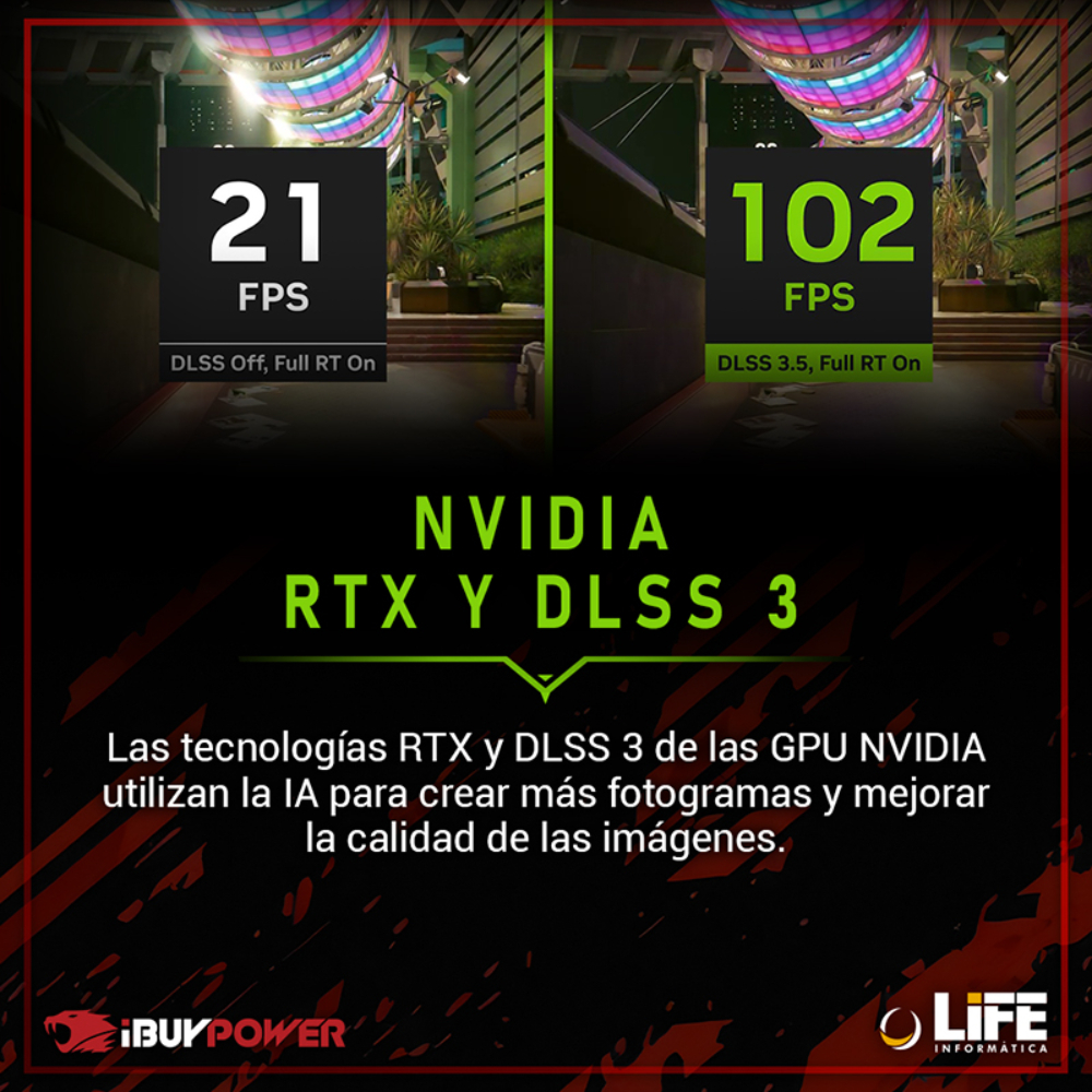 Comparación RTX y DLSS 3: 21 FPS vs. 102 FPS.