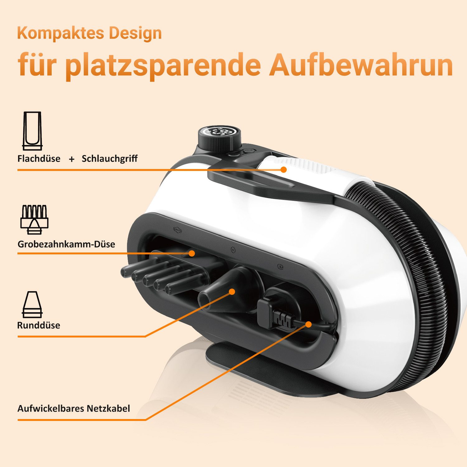 Kompaktes Gerät mit Zubehör: Flachdüse, Grobzahnkamm-Düse, Runddüse.