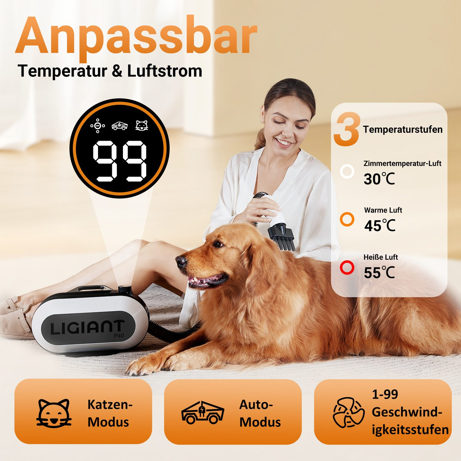 Frau mit Hund, Produktanzeige mit Temperatureinstellungen, Modi und Geschwindigkeitsstufen.