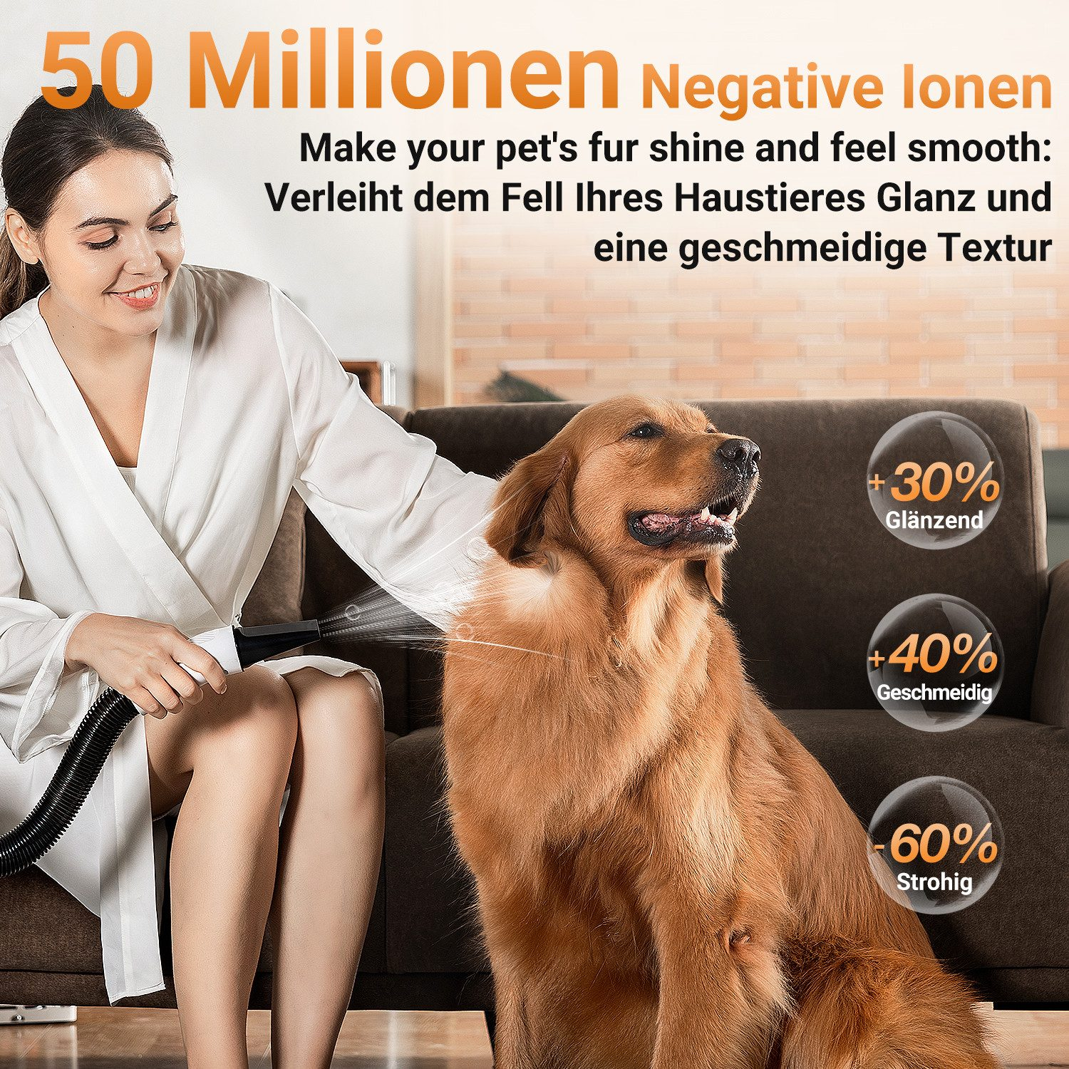 Frau föhnt Golden Retriever mit Gerät, das Fell glänzender macht.