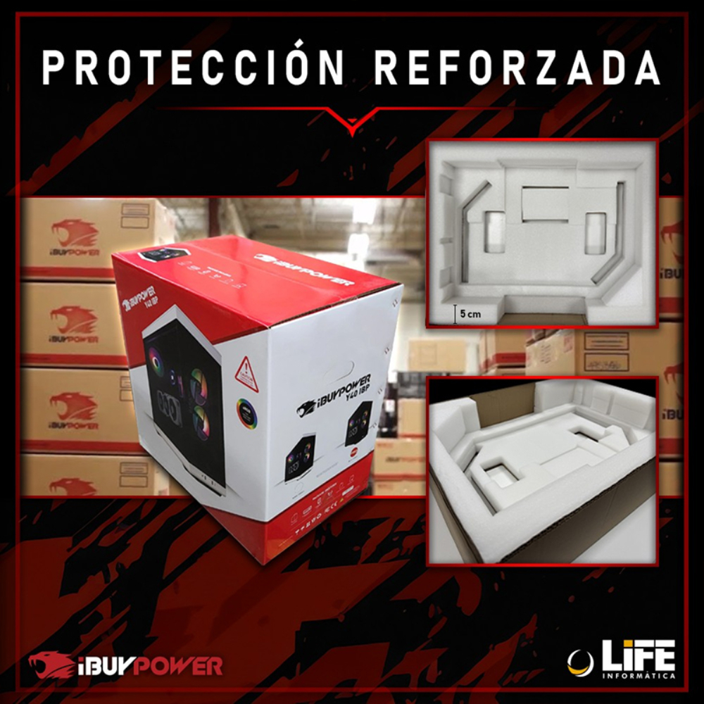 Una caja iBUYPOWER blanca y roja para computadora, con insertos de embalaje de espuma.