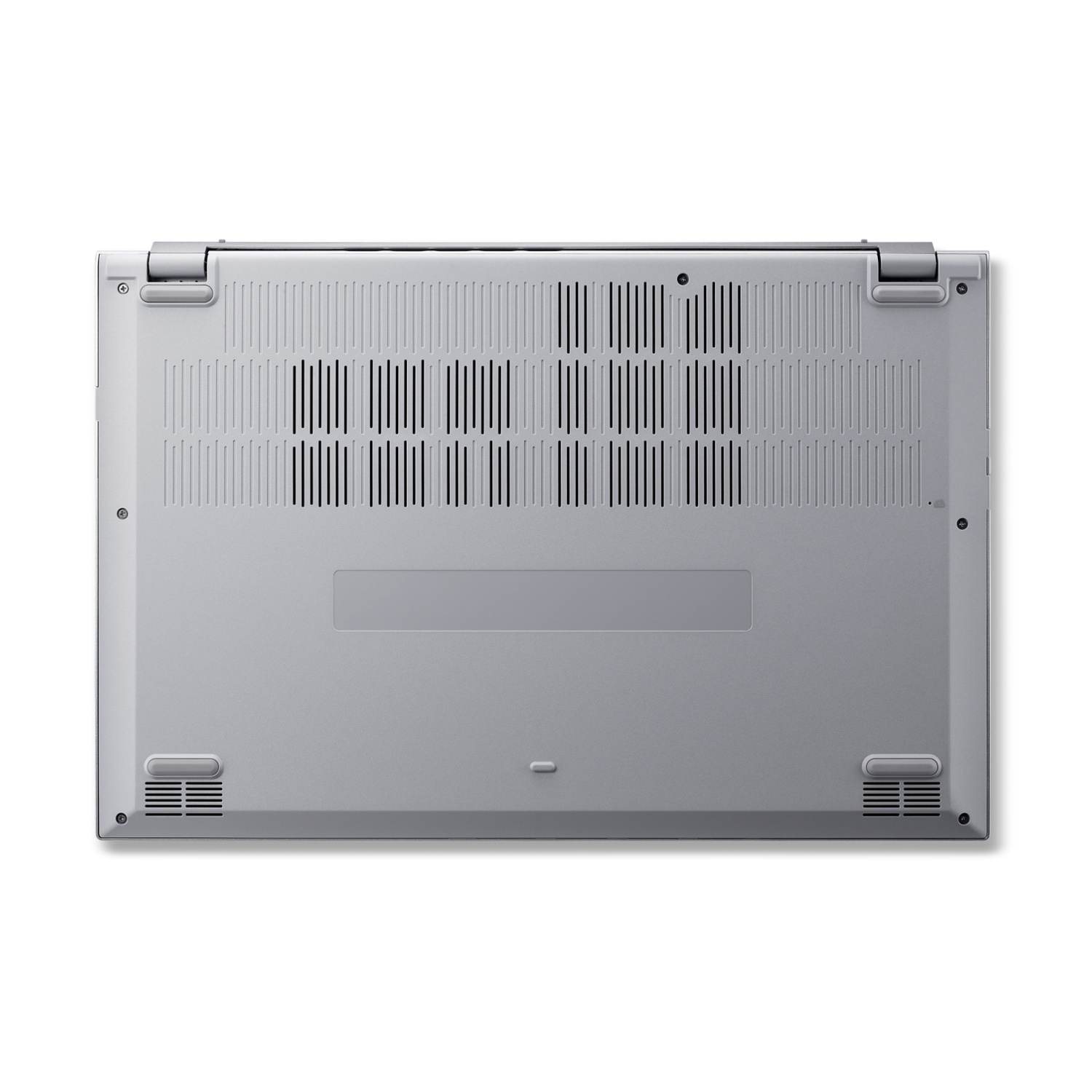 Unterseite eines silbernen Laptops mit Lüftungsschlitzen, Schrauben und Scharnierdetails.