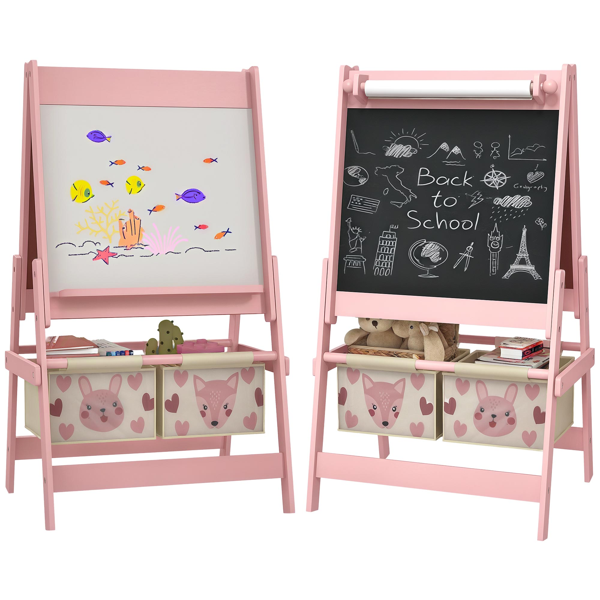 Cavalletto rosa con lavagna bianca di pesci e lavagna con disegni scolastici. Contenitori sotto.