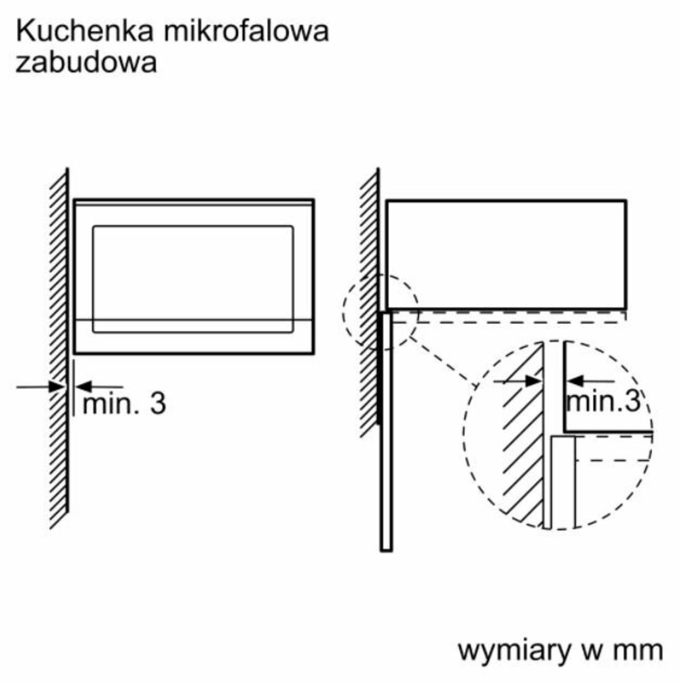Kuchenka mikrofalowa: Widok z boku, min. 3 mm odstępu.
