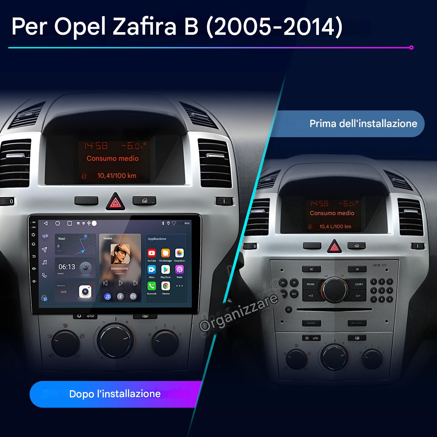 Confronto cruscotto Opel Zafira B prima e dopo installazione nuovo sistema infotainment.